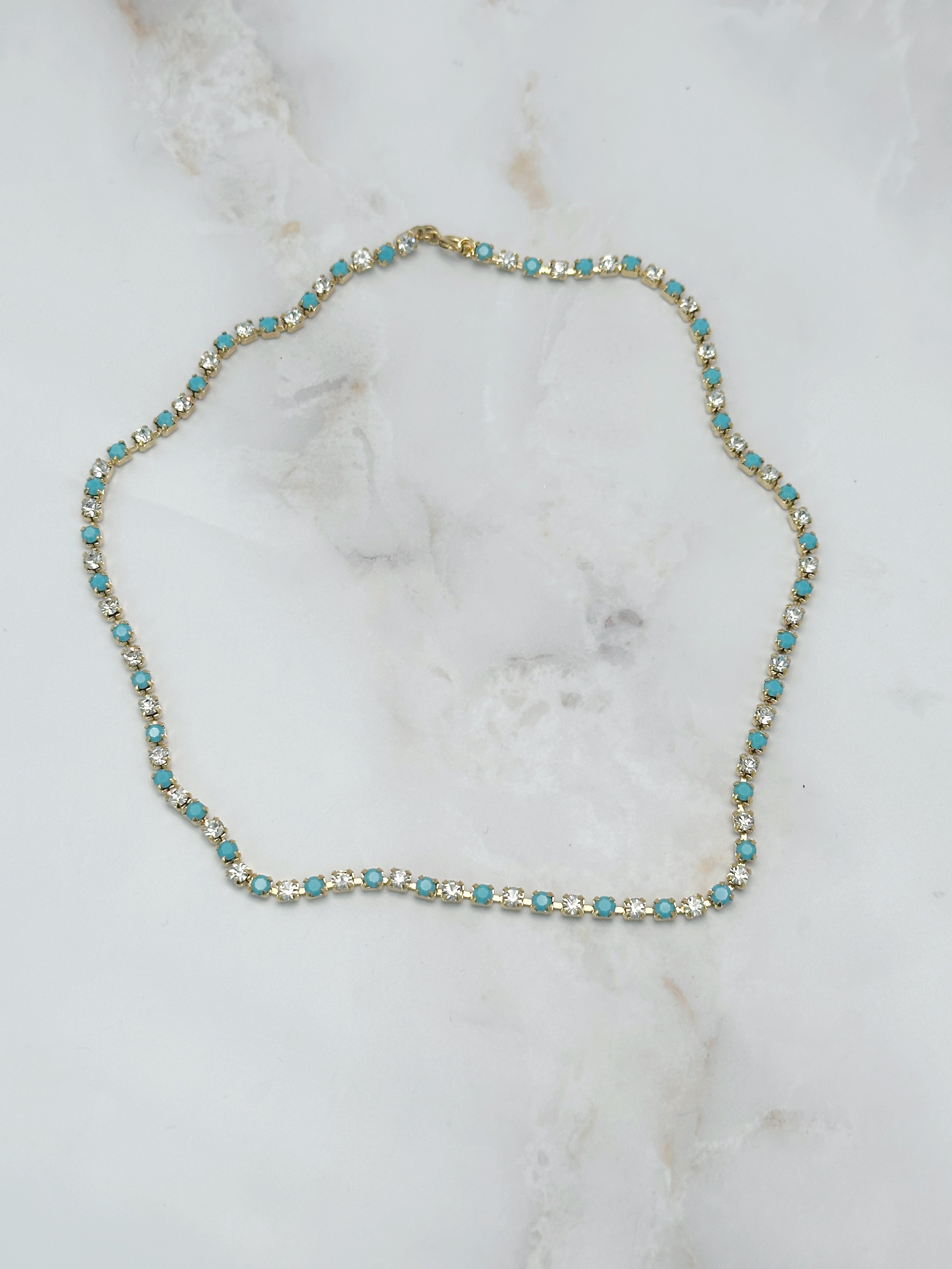 Vergoldete Vintage Riviere Halskette mit Türkis und Strass