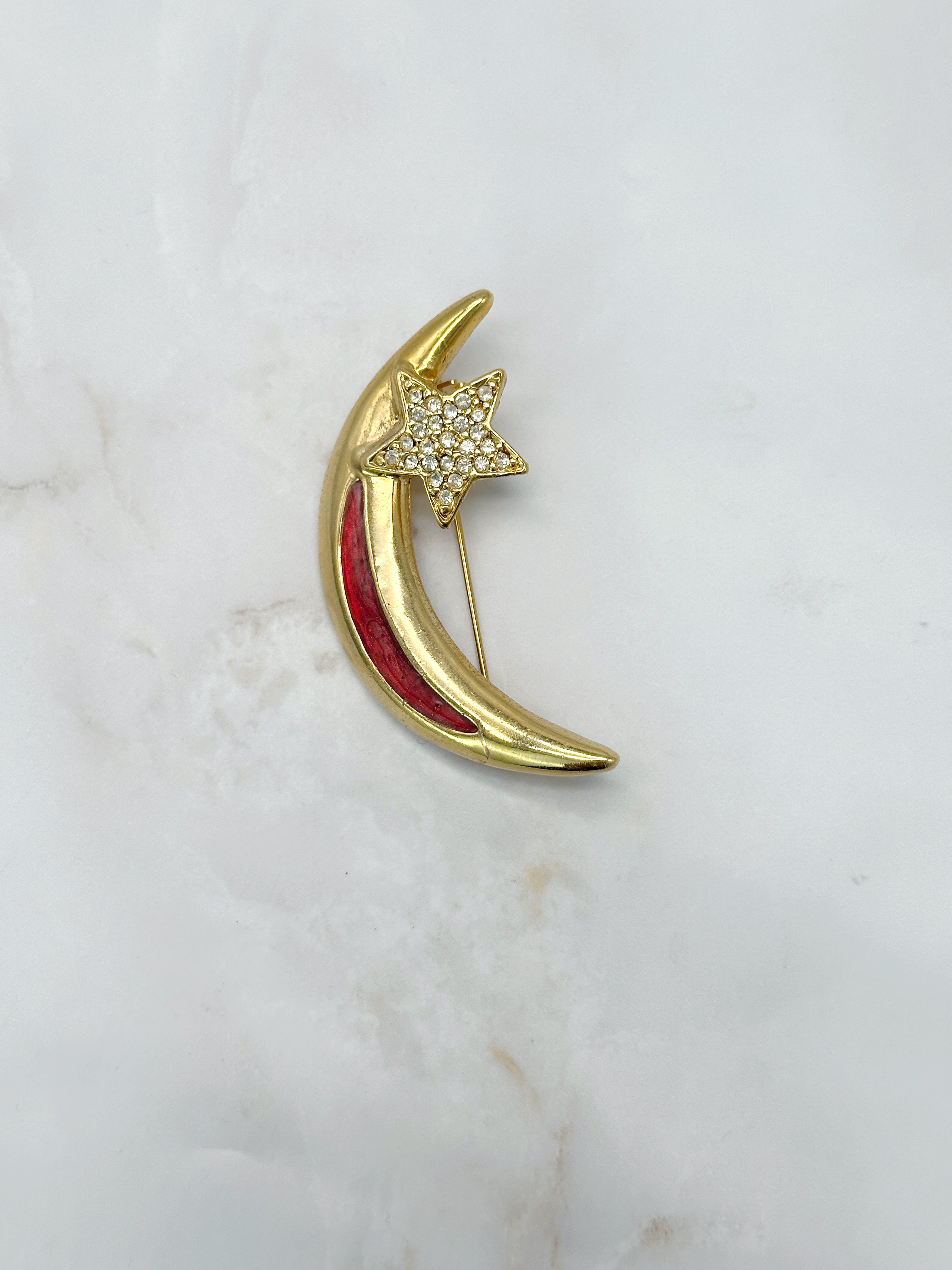Vintage Brosche Mondsichel mit Strass-Stern und Emaille in Rot oder Grün