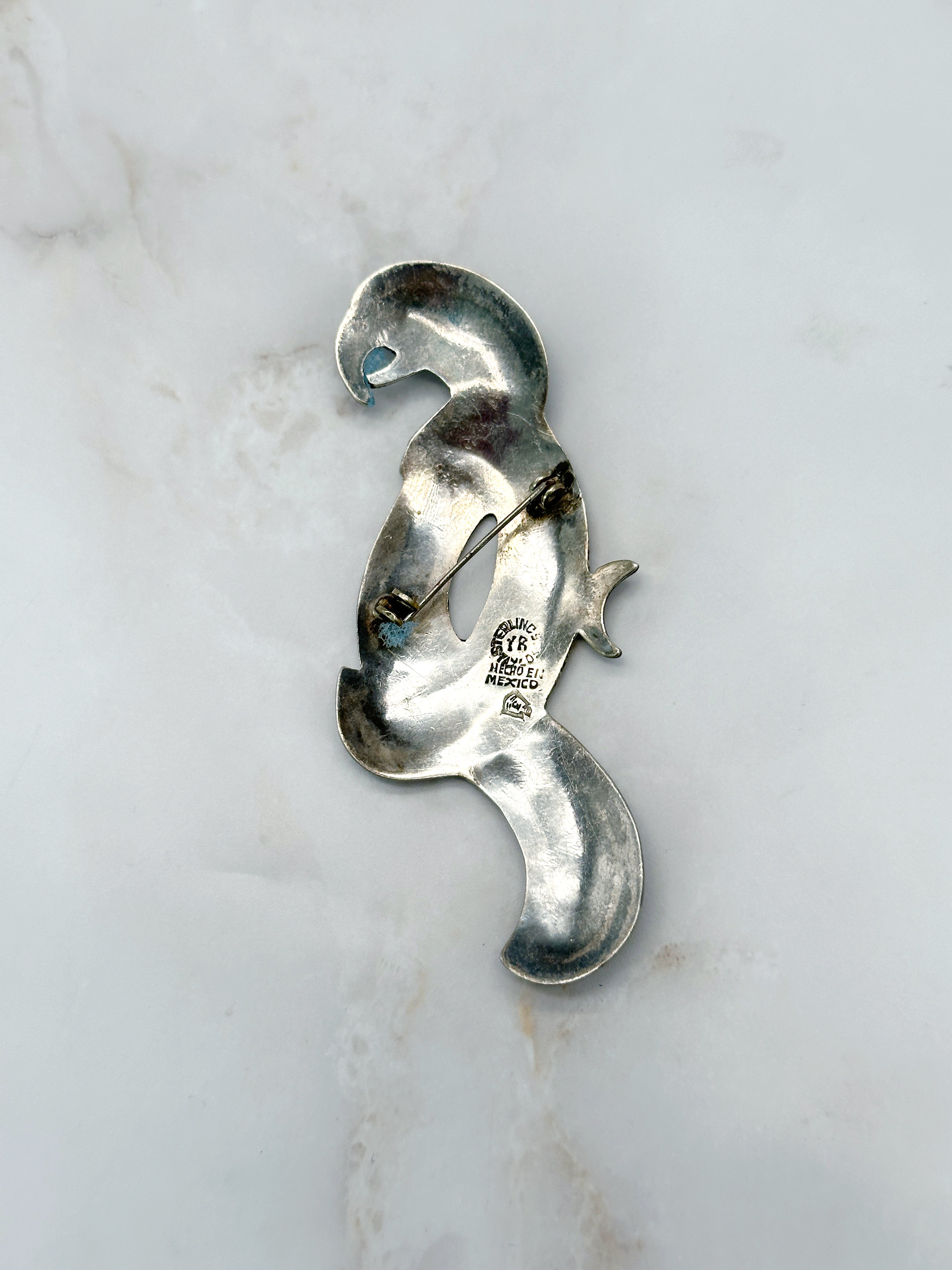 Mexikanische Tukan/Papagei Brosche Silber Malachit