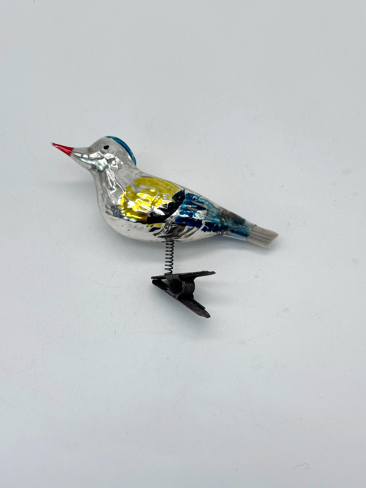 Vintage-Glasvogel zum Aufklippen – Christbaumschmuck in Gelb, Blau und Silber