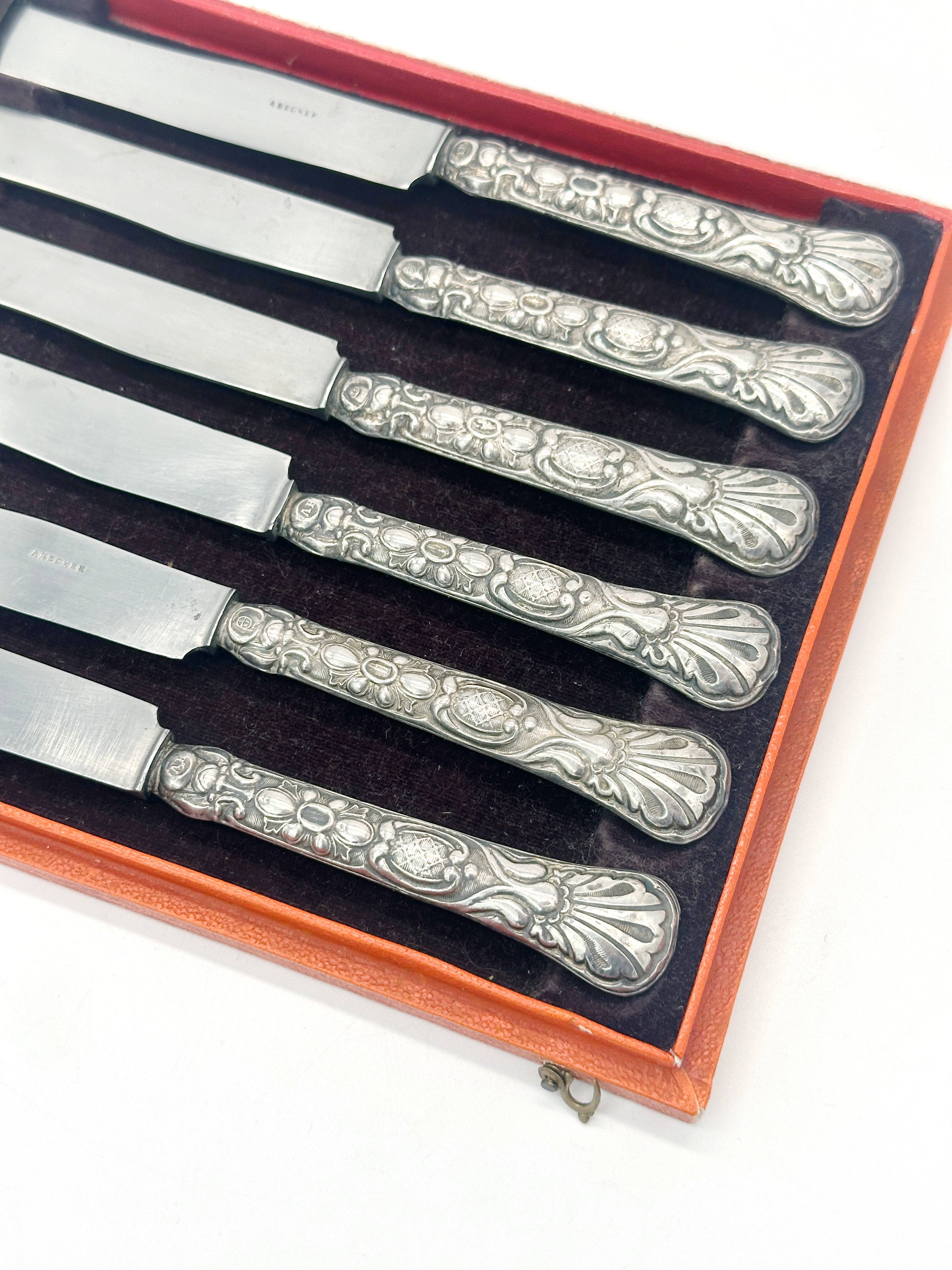 Antikes 6er Set Obst- und Käsemesser A. Becher Österreich um 1880