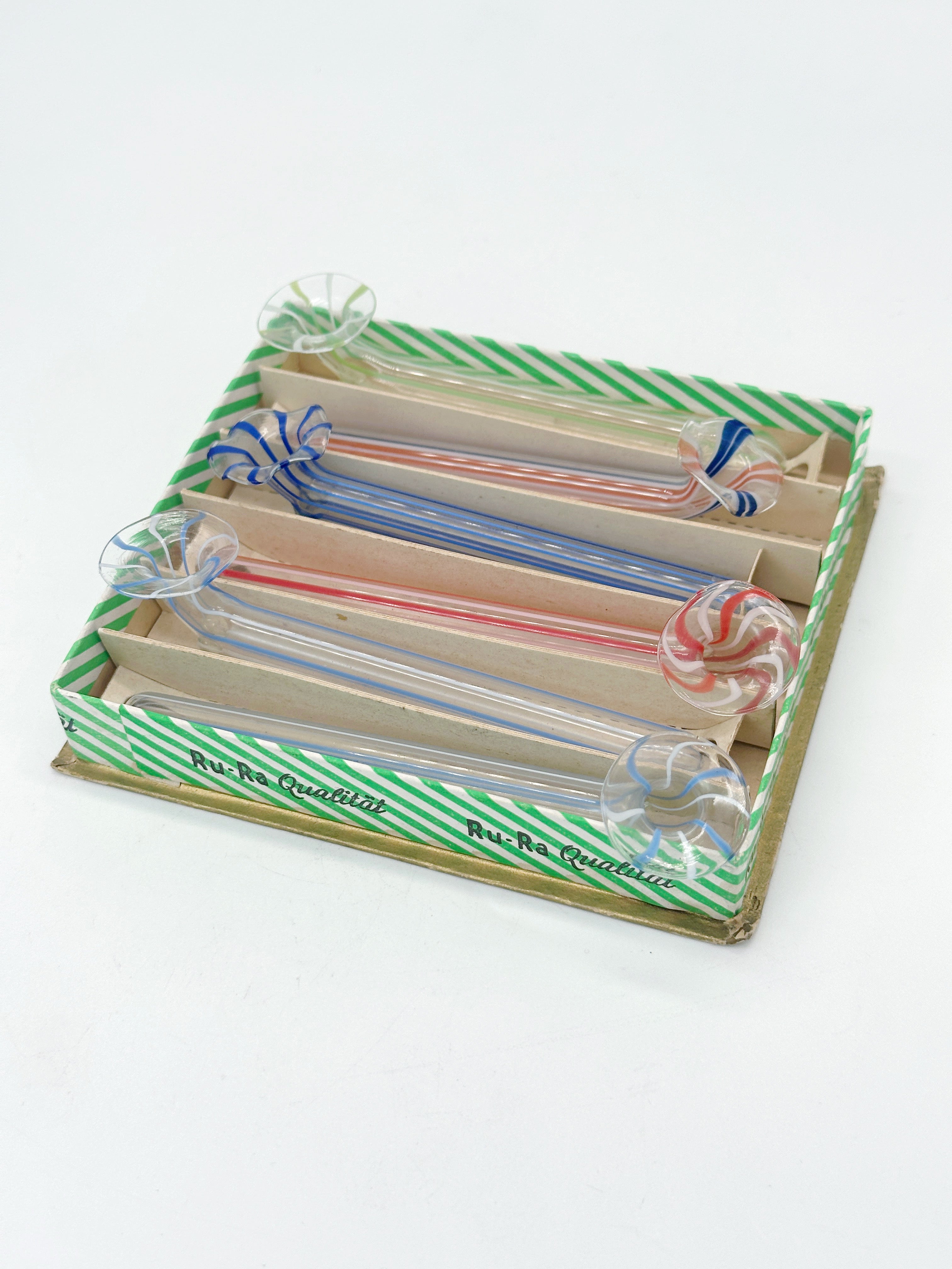 6er Set antike Bimini Glas-Tischvasen und Messerbänkchen
