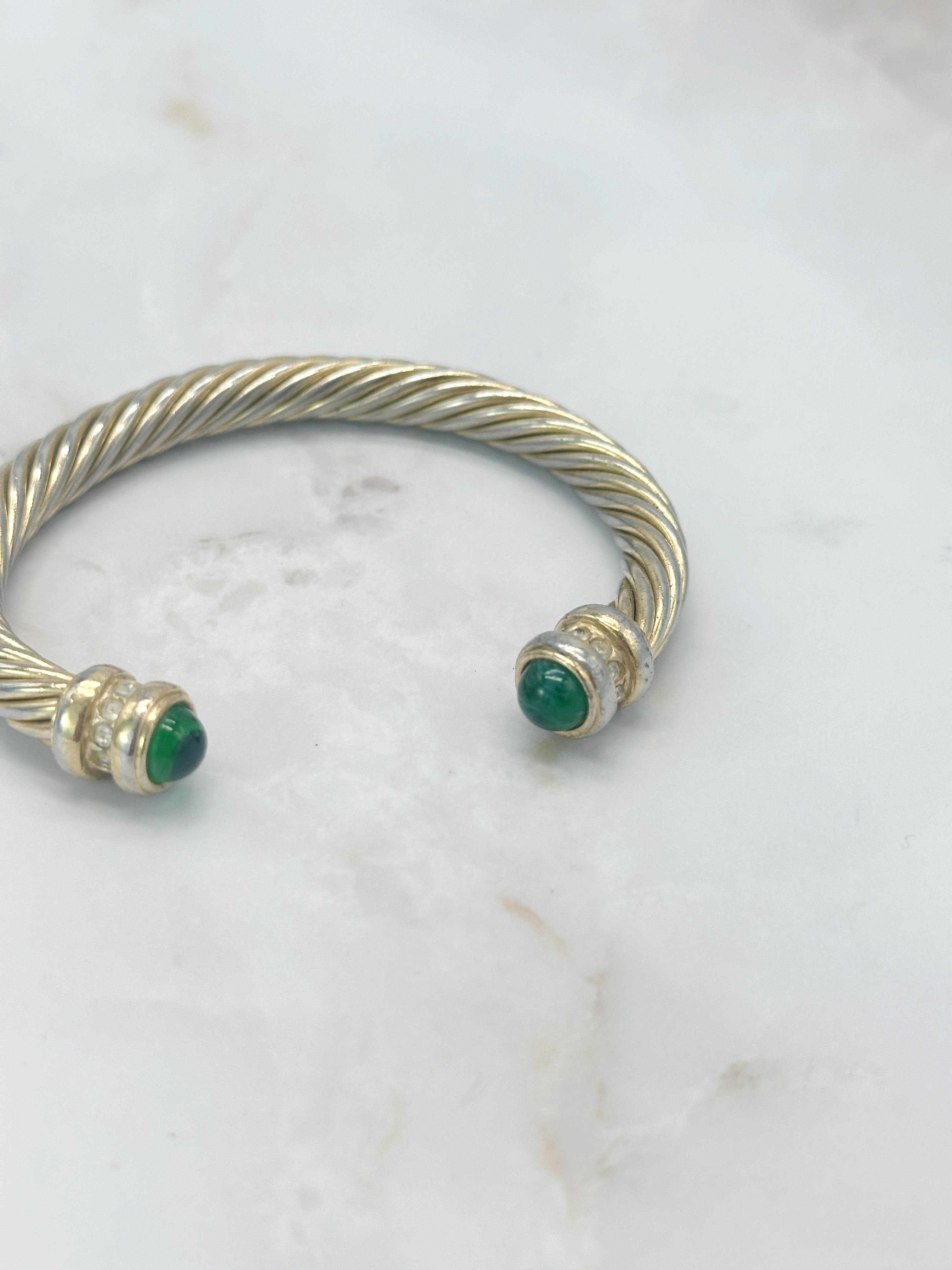 Open Vintage Bangle Green Glass Cabochon Rhinestone Gold Plated