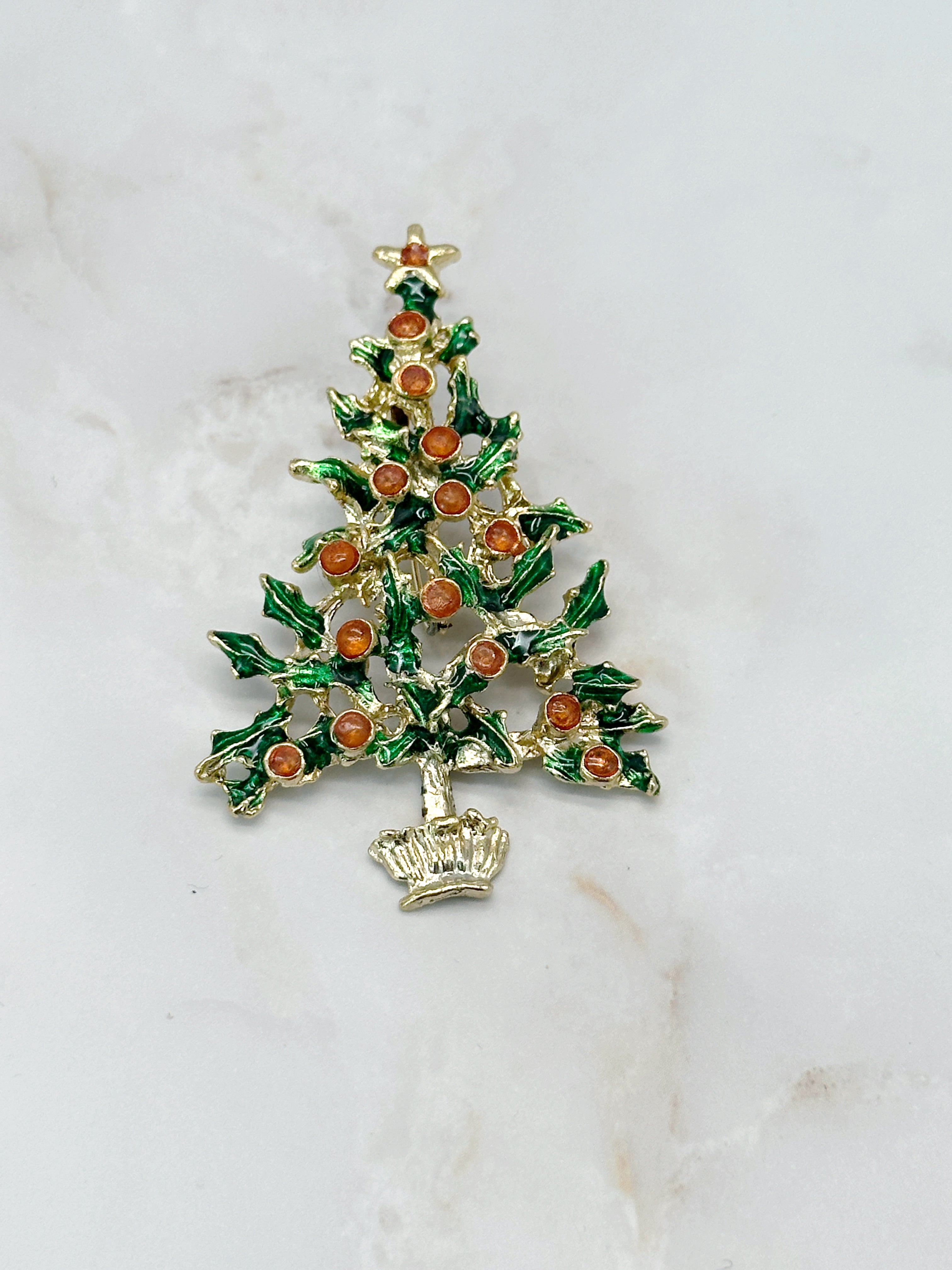 Festliche Vintage Weihnachtsbaum-Brosche, vergoldet & emailliert