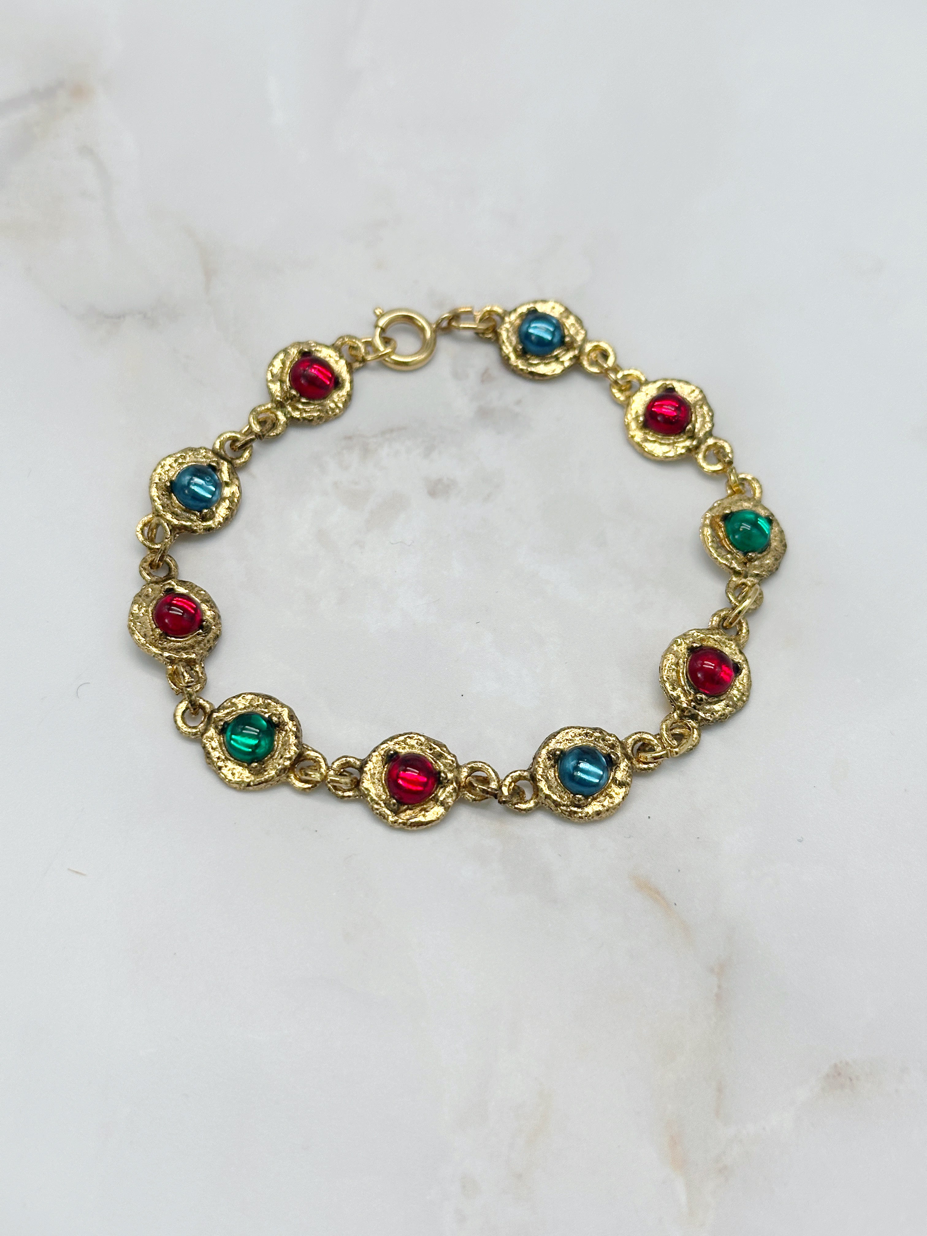 Vintage Armband mit bunten Glascabochons in Rot Blau und Grün