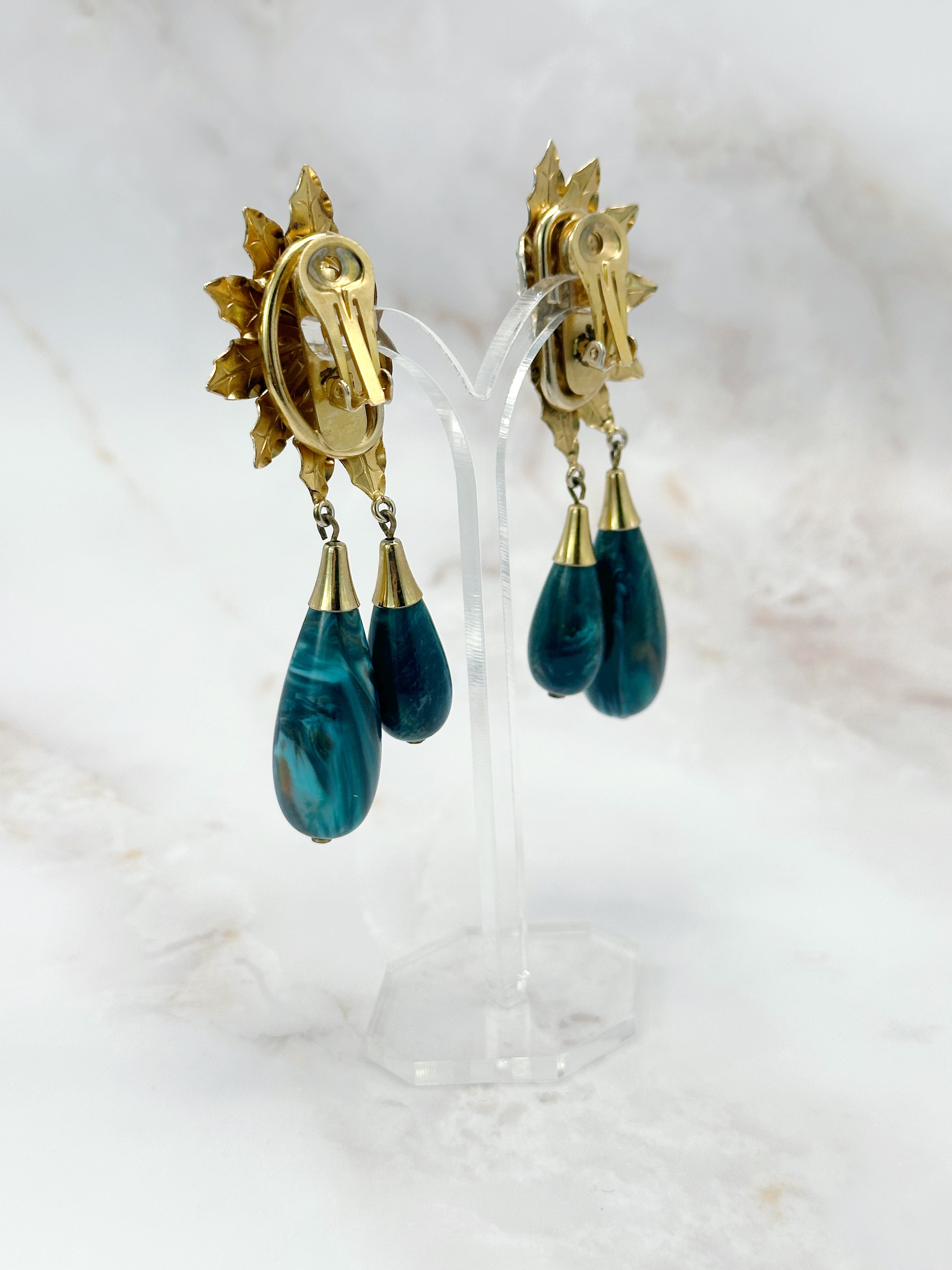 Vergoldete Vintage Statement Ohrclips mit Herz, Strass und türkisem Tropfen-Behang