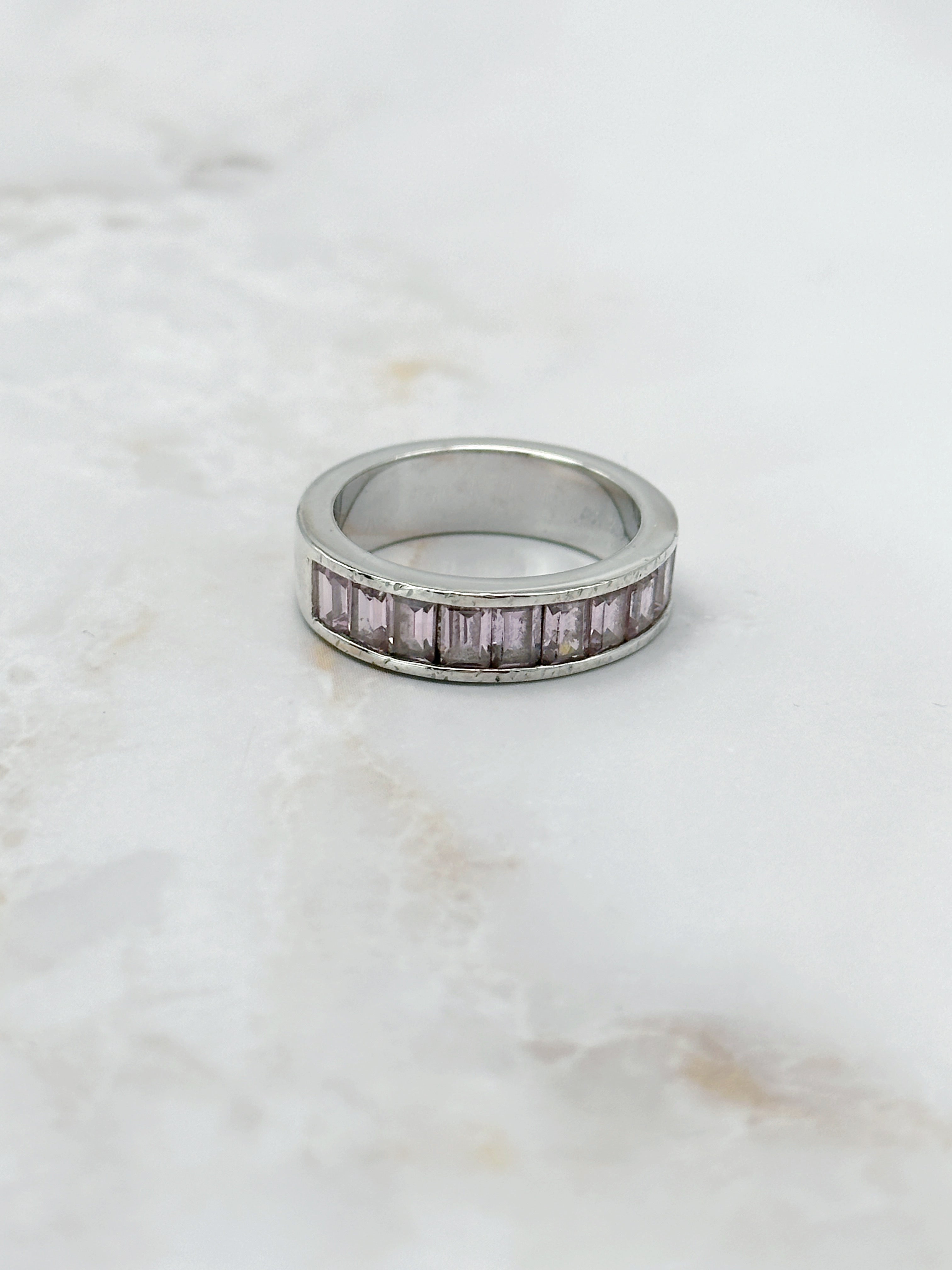 Silver ring with purple glass crystals