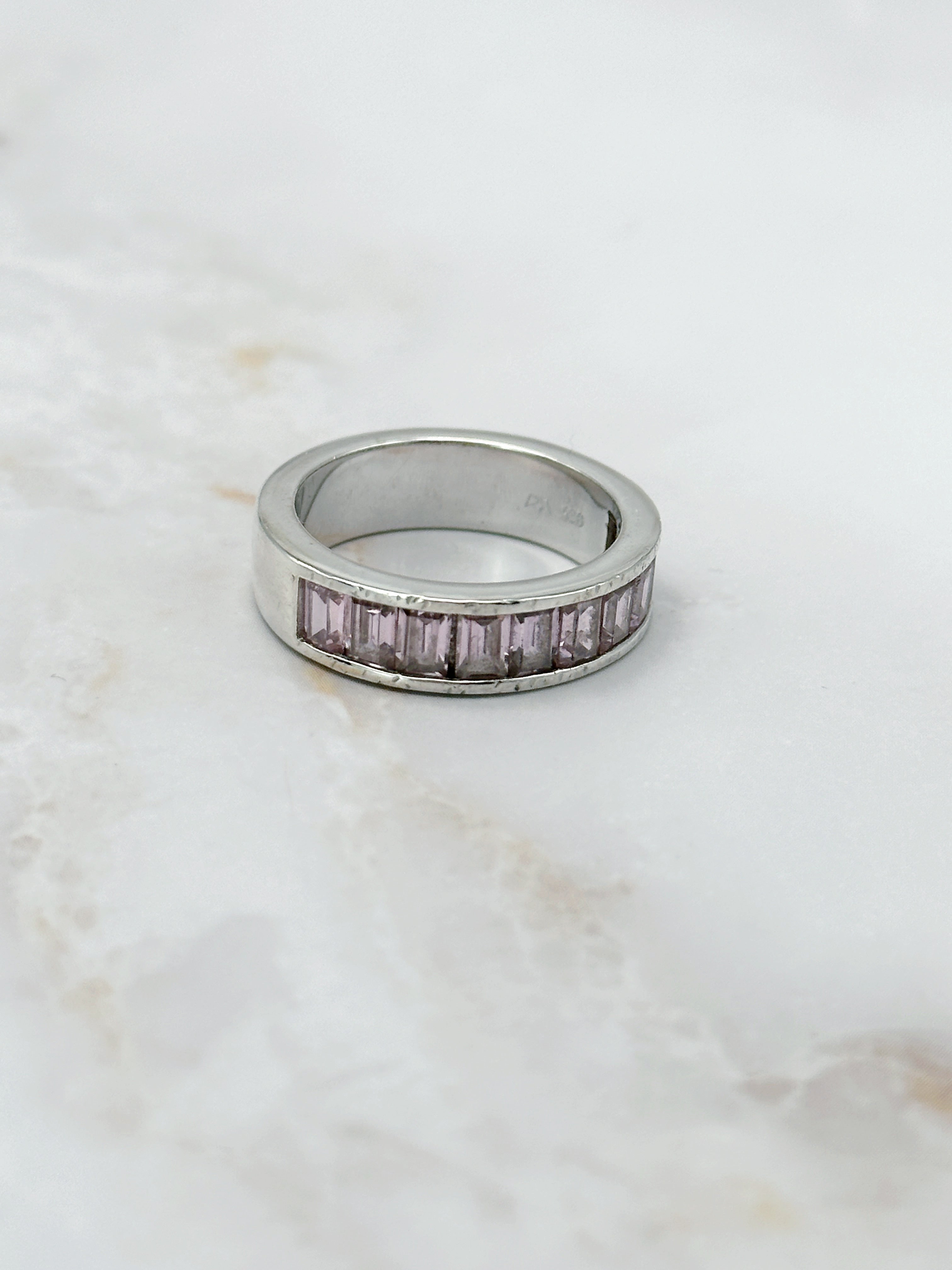 Silver ring with purple glass crystals