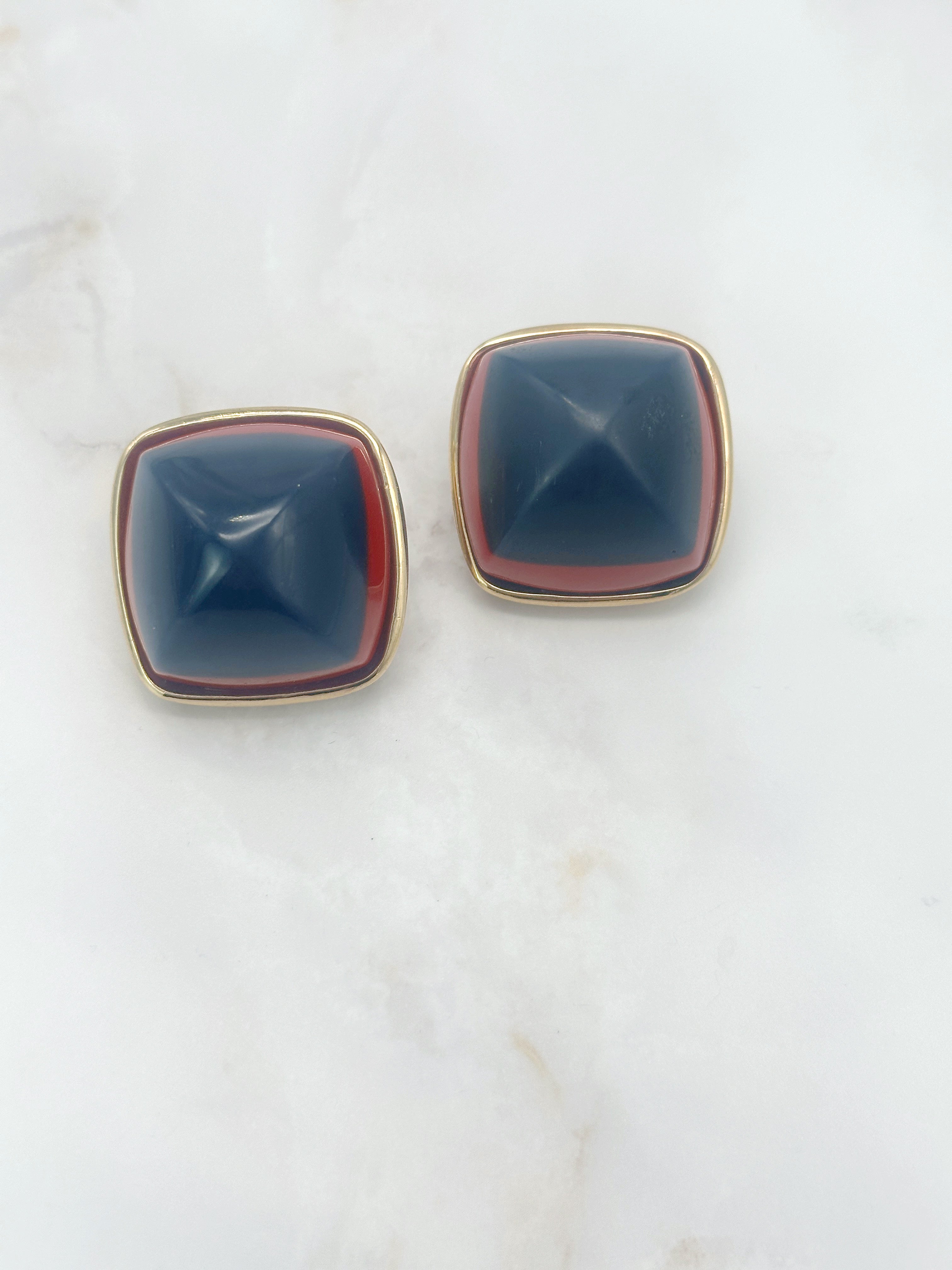Große Vintage Ohrclips aus Acryl in Dunkelblau & Weinrot