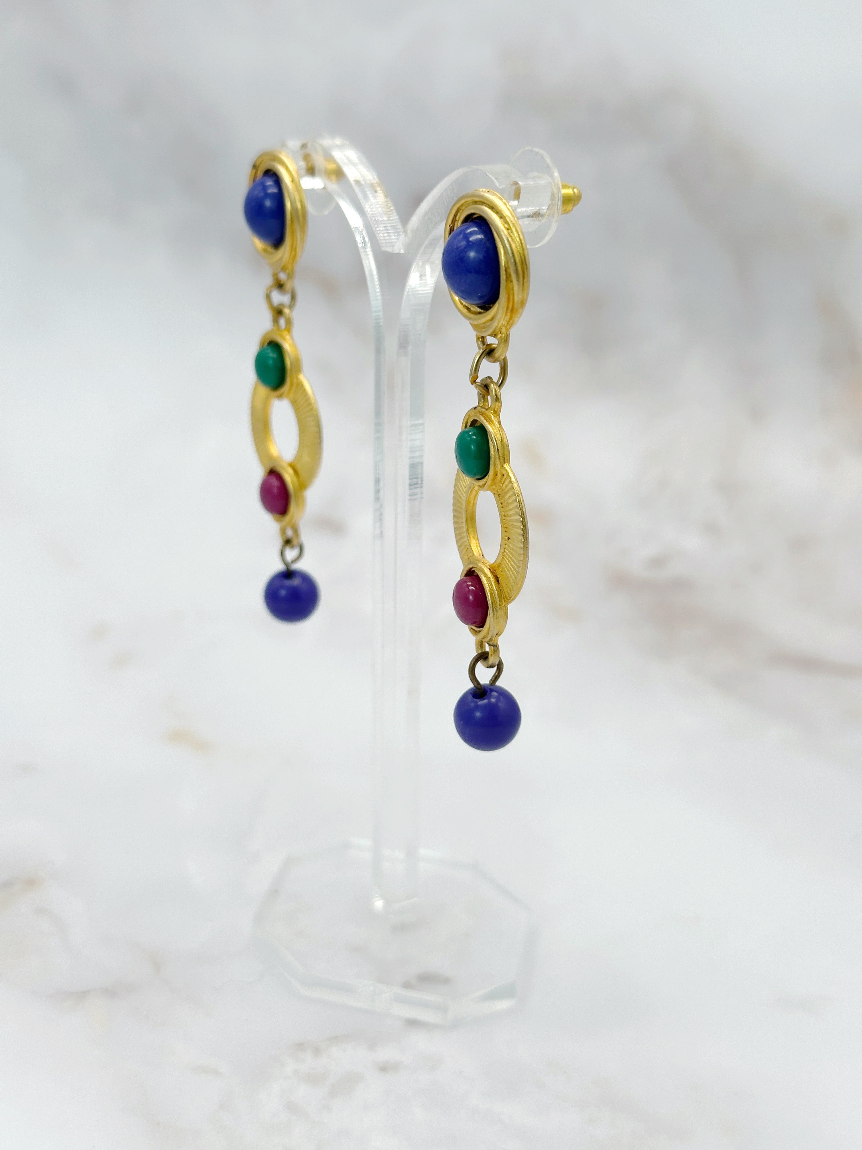 Lange Vintage Ohrhänger mit bunten Lucite Cabochons