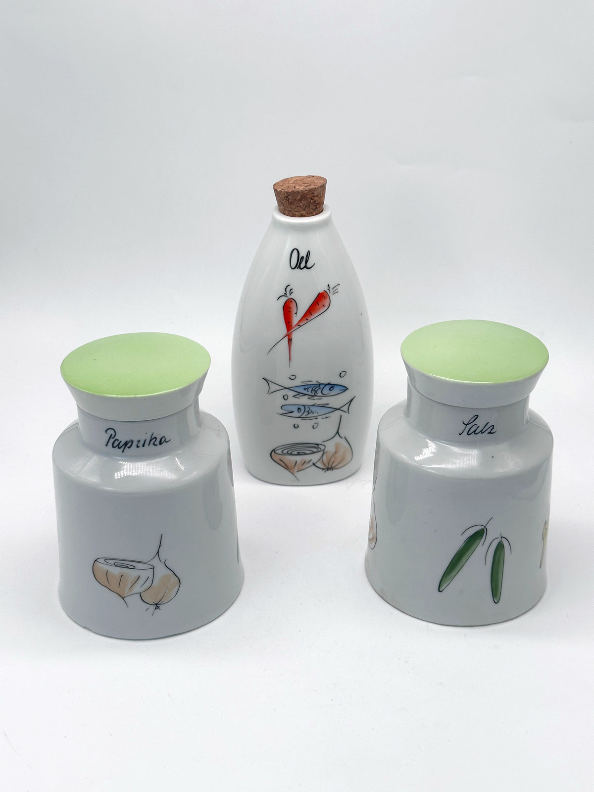 Dreiteiliges Keramik-Küchenset um 1950 für Öl, Salz und Paprika