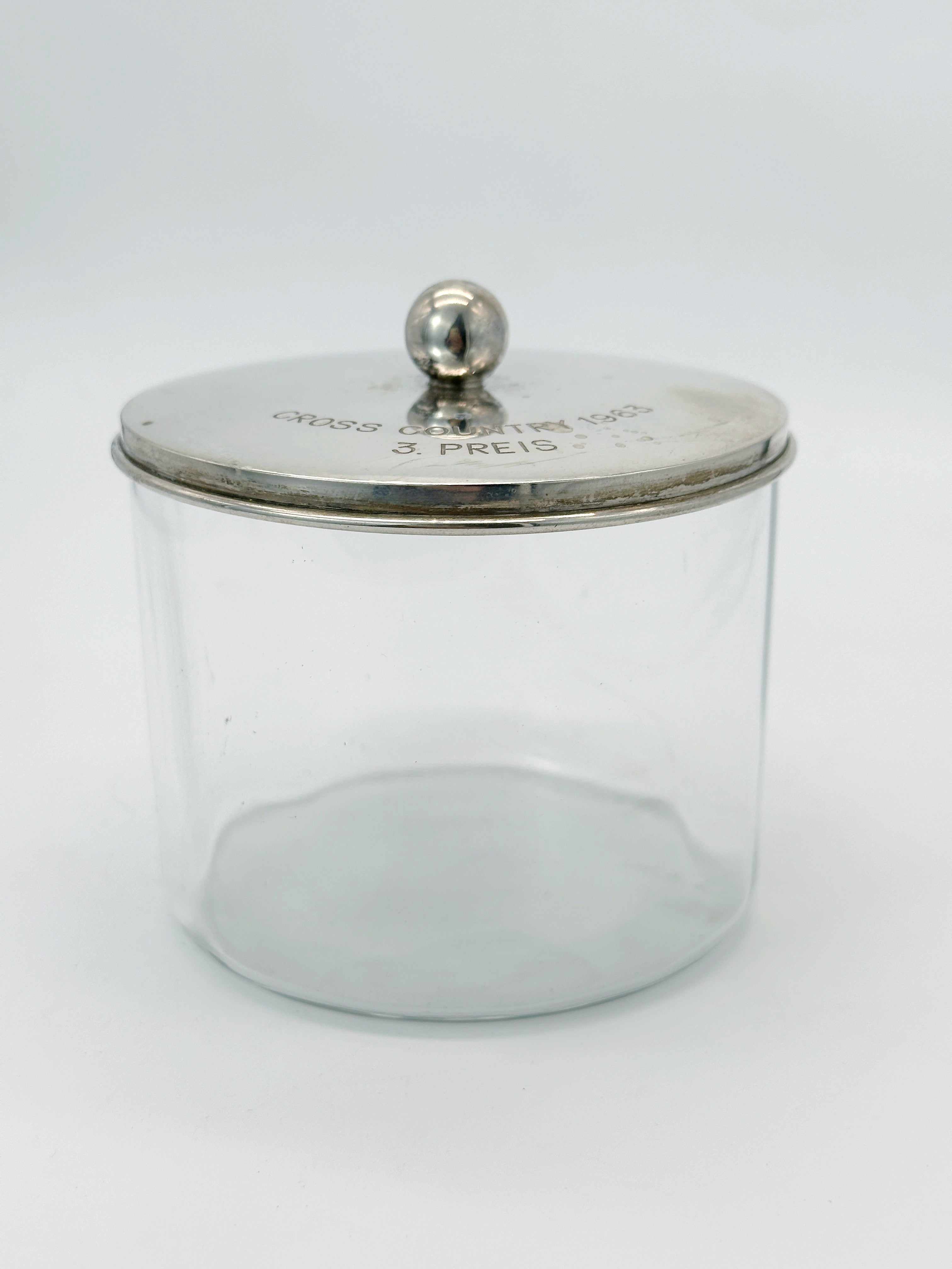 Vintage Glasdose mit Silberdeckel und Gravur, Österreich 1963