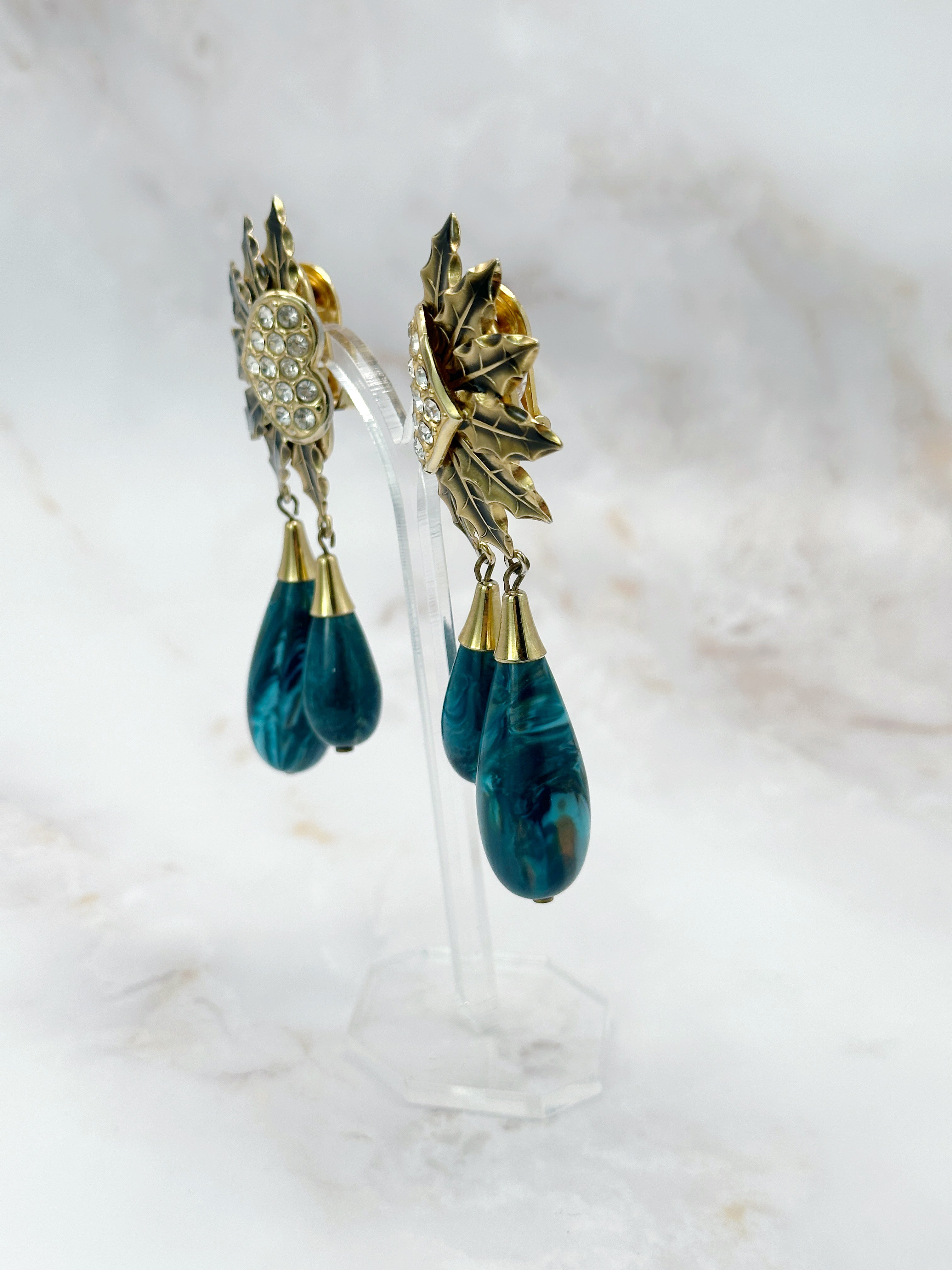 Vergoldete Vintage Statement Ohrclips mit Herz, Strass und türkisem Tropfen-Behang