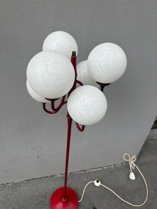 6-flammige Space Age Stehlampe aus rotem Metall und Messing