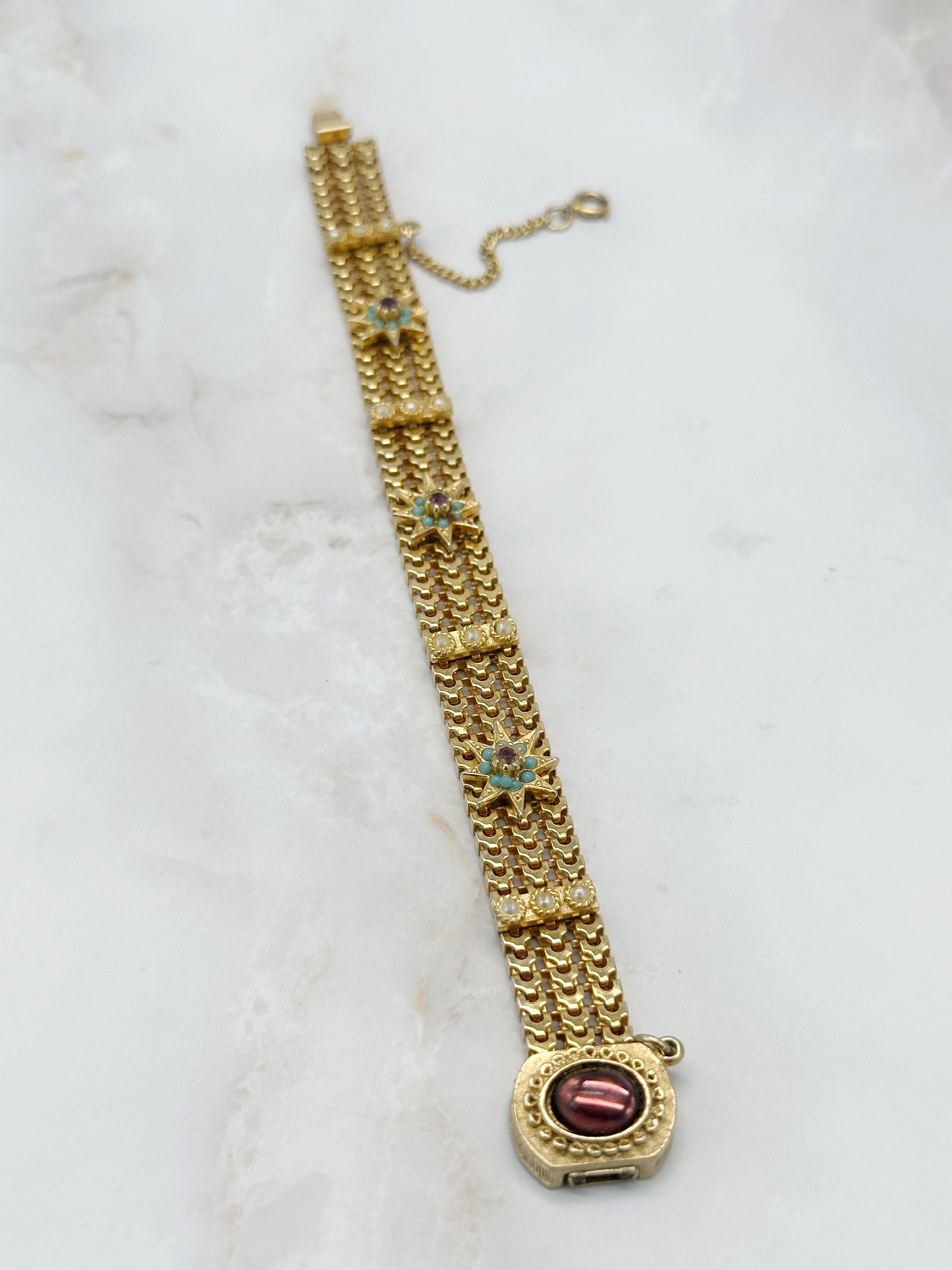 Vintage Armband mit türkisen Glassteinen und Imitationsperlen