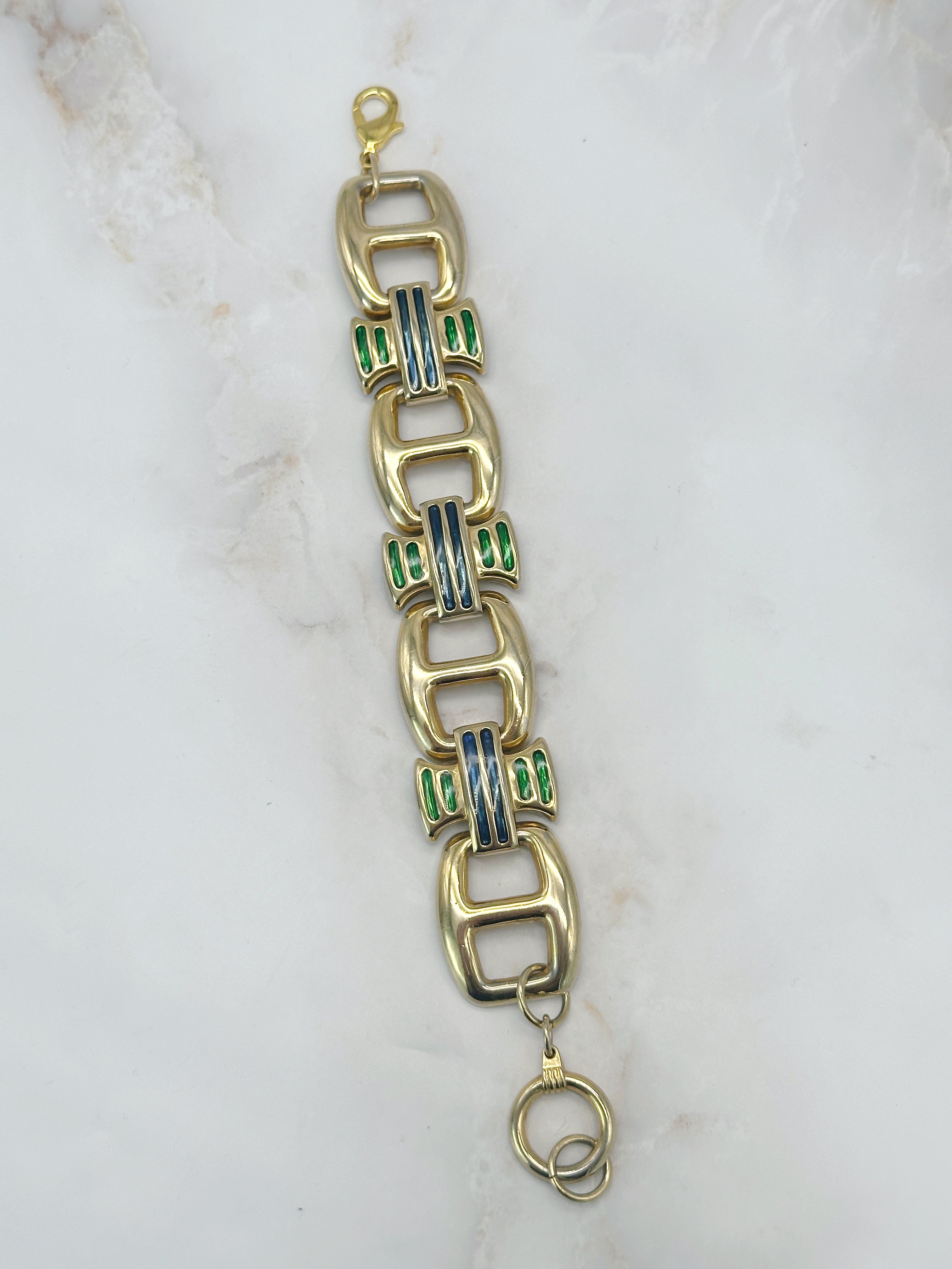 Vintage Bracelet Gold Plated Enamel Green Blue