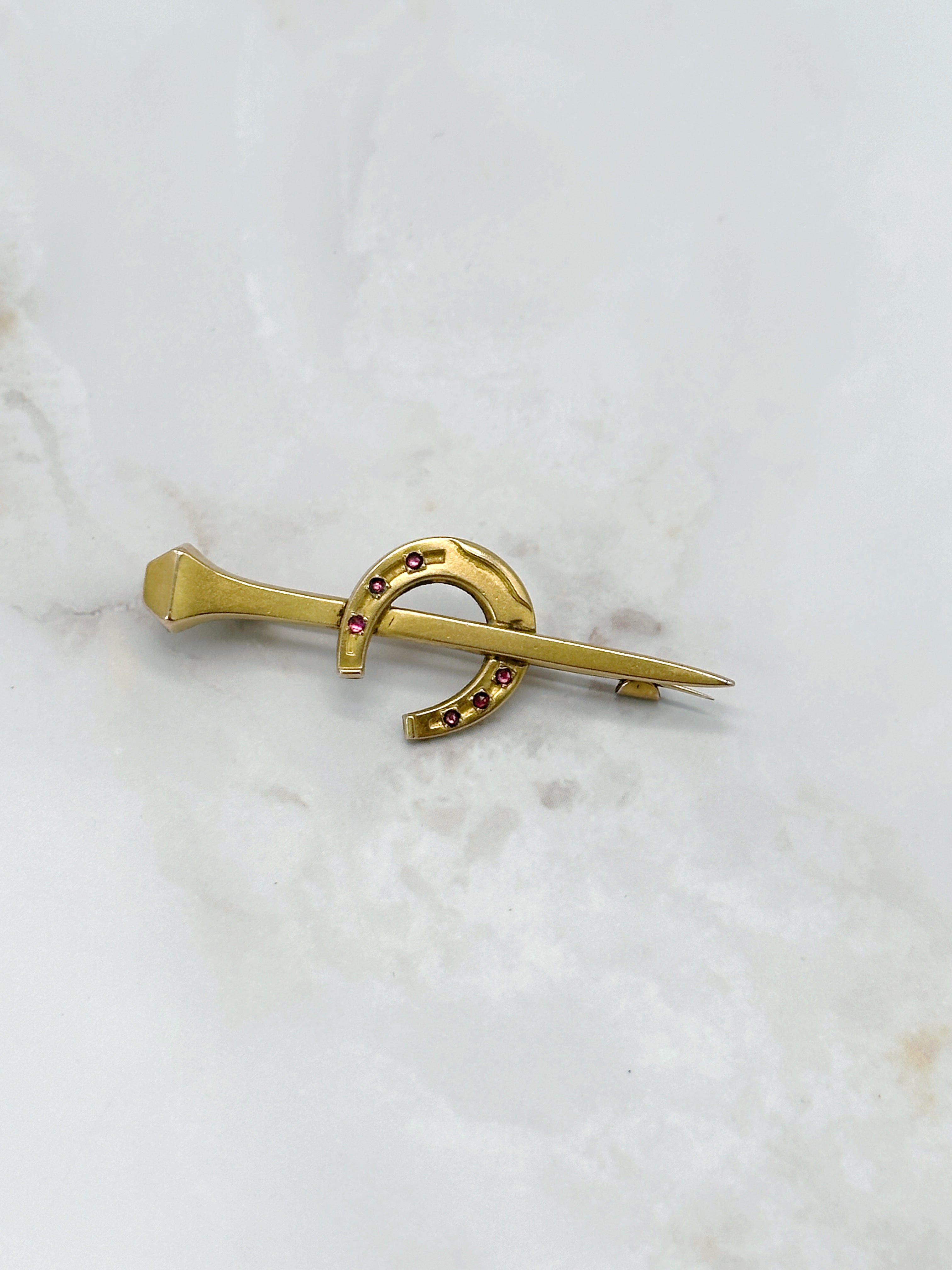 Vergoldete Vintage Brosche Hufeisen & Nagel