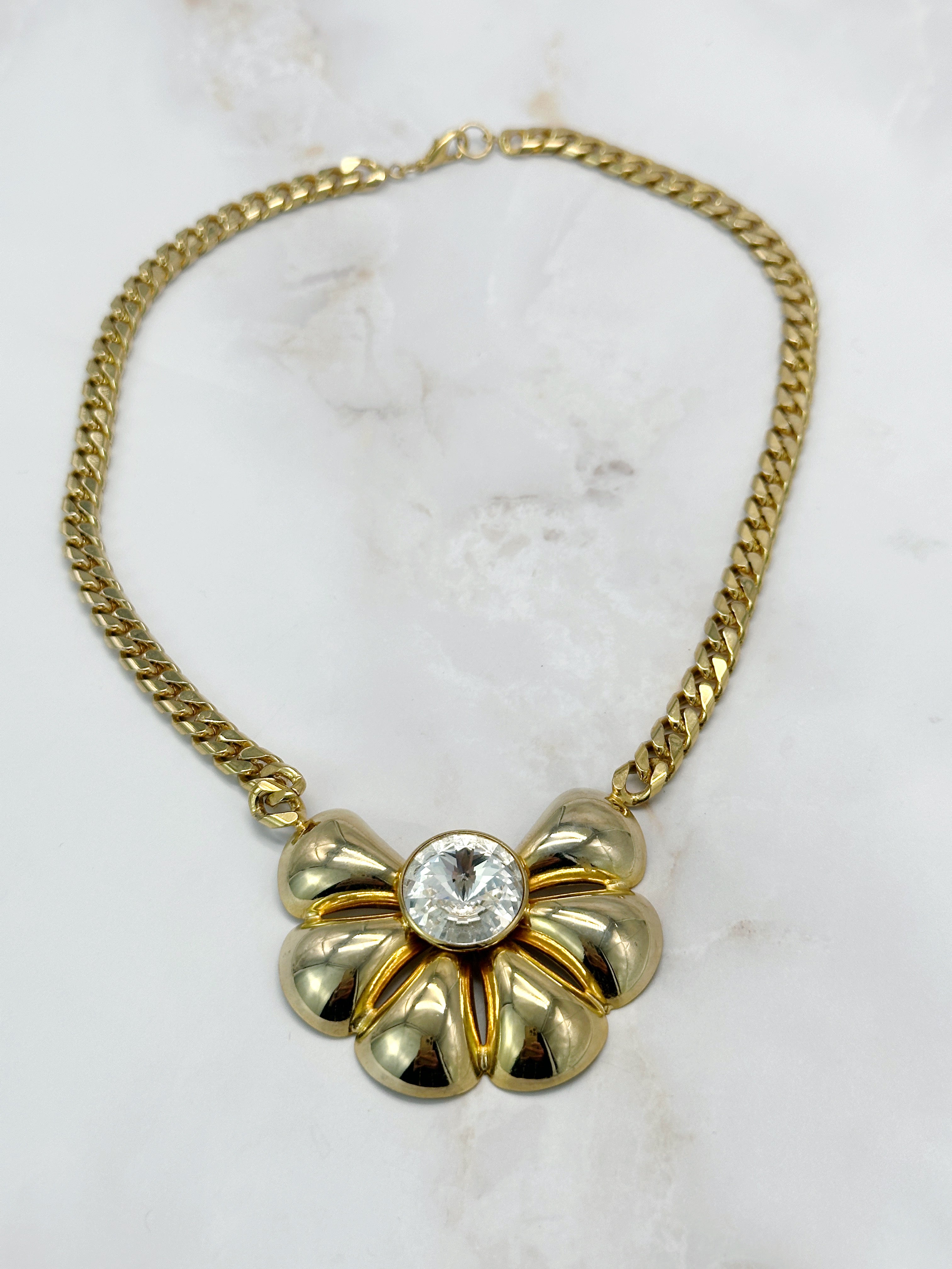Ausgefallene Vintage Panzerkette mit blumenartigem Strass-Mittelstück