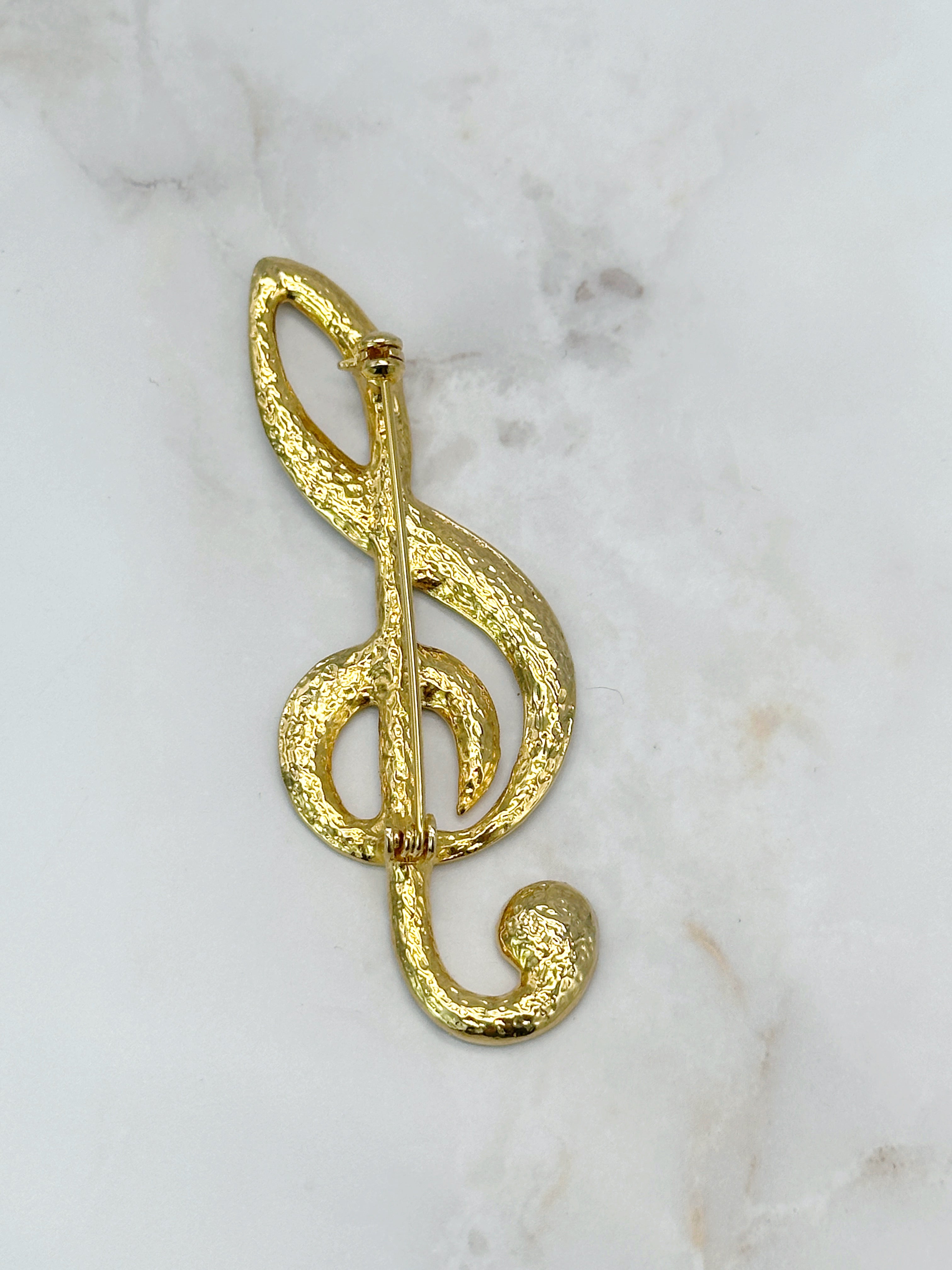 Vergoldete Notenschlüssel-Brosche mit Strass, Vintage