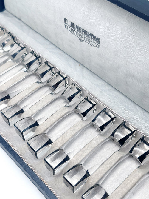 Art Déco Messerbänkchen aus geschliffenem Kristallglas und Silber – Holland um 1930