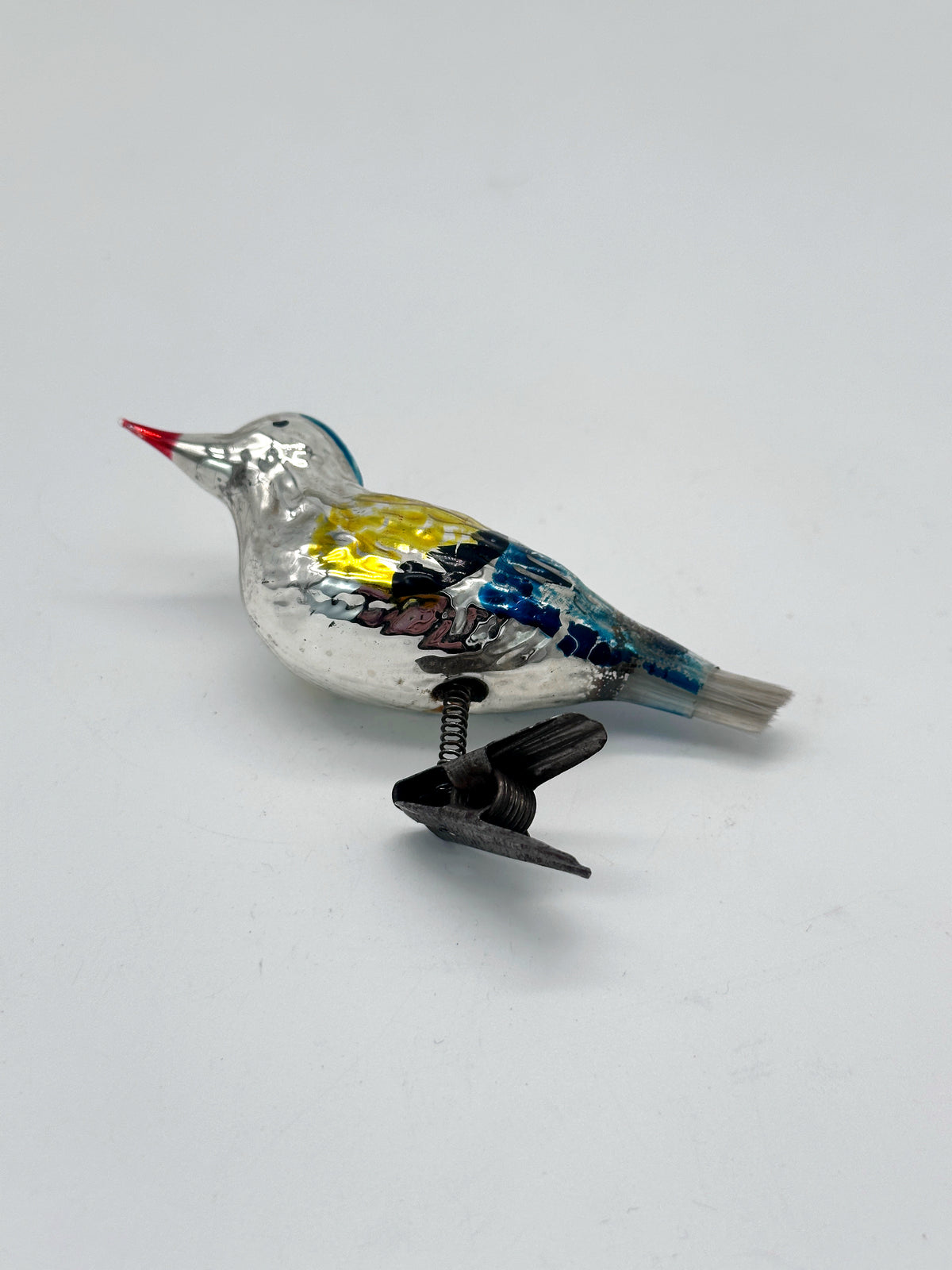 Vintage-Glasvogel zum Aufklippen – Christbaumschmuck in Gelb, Blau und Silber