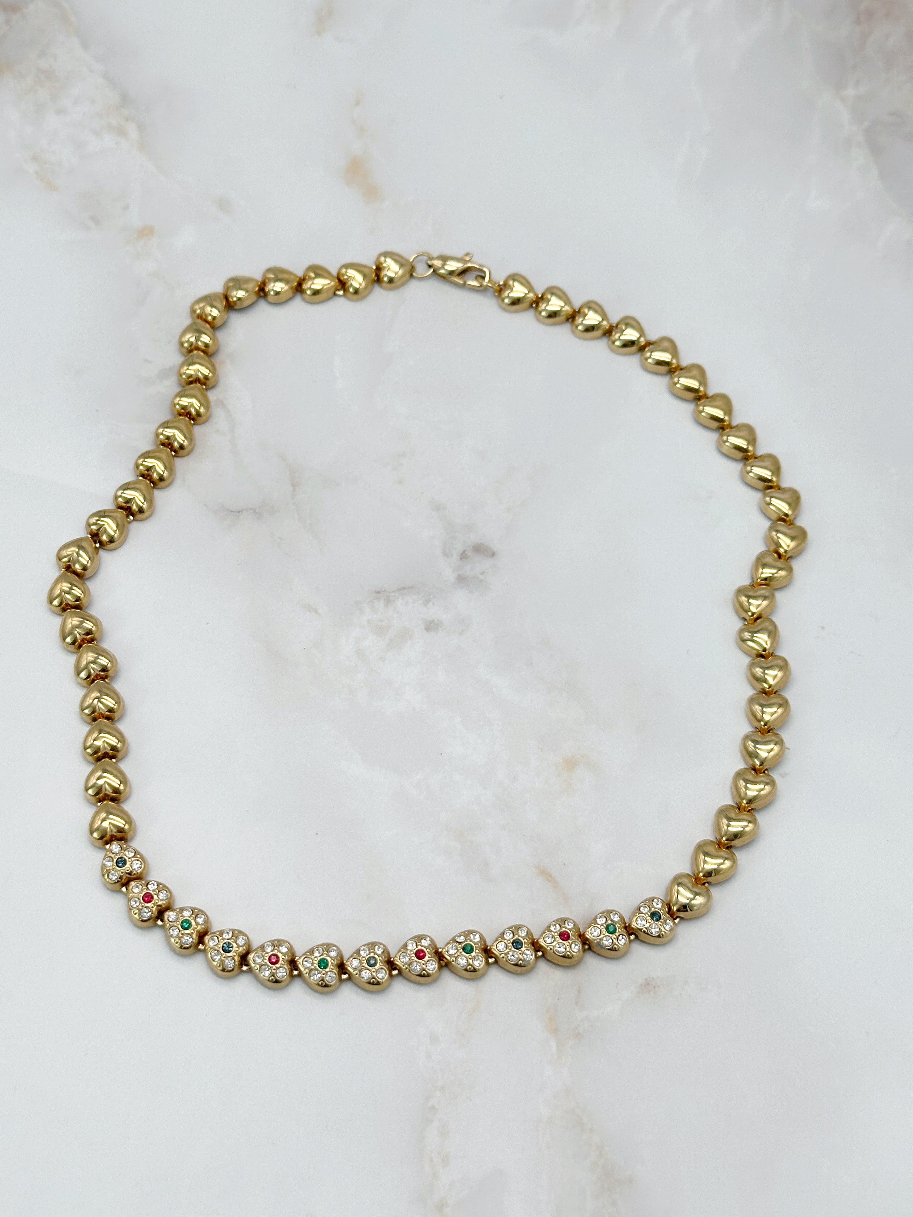 Ausgefallene Vintage Herzkette mit bunten Strasssteinen