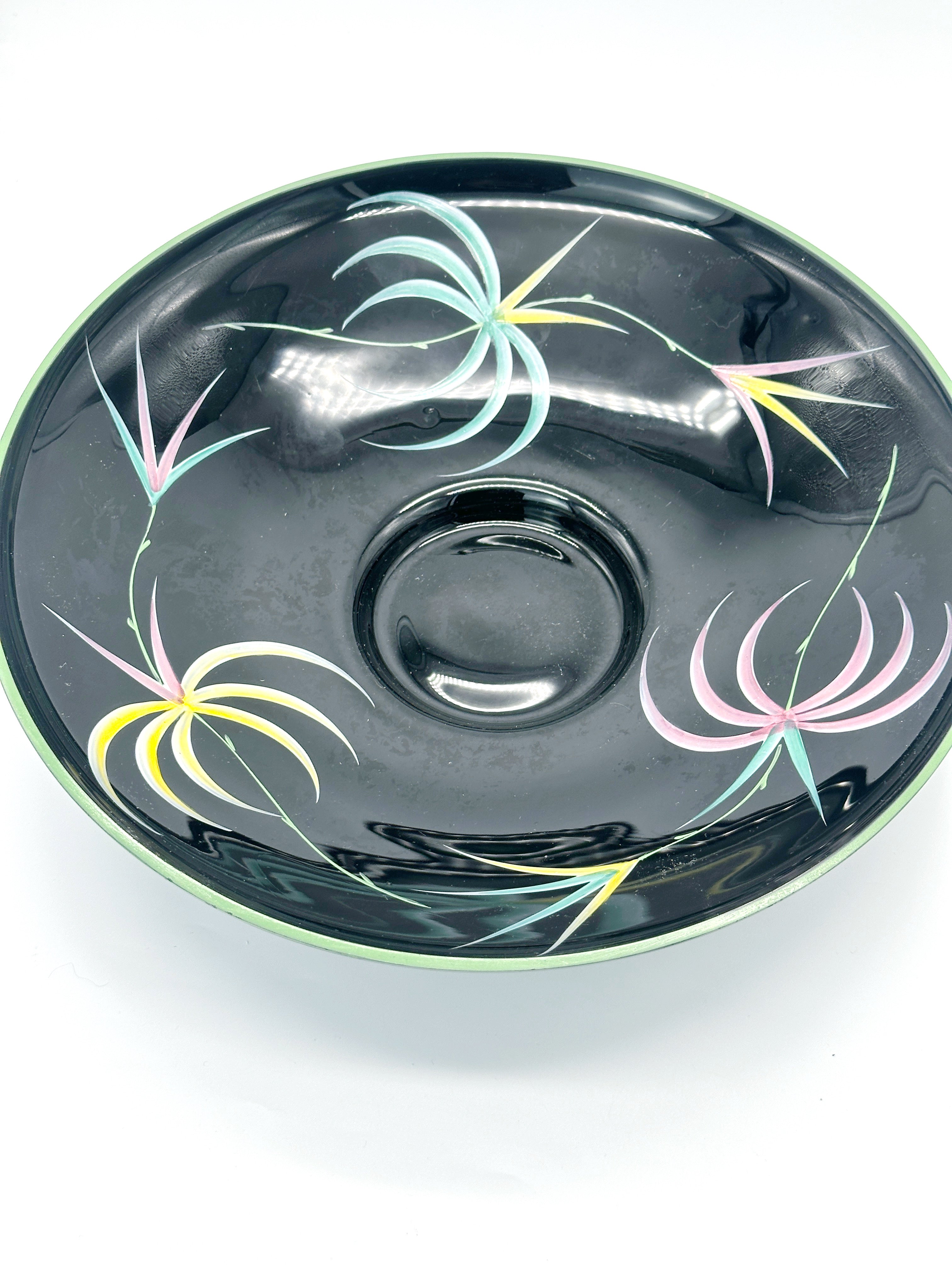 Vintage Obstschale aus schwarzem Hyalithglas mit Blumenmotiv um 1950