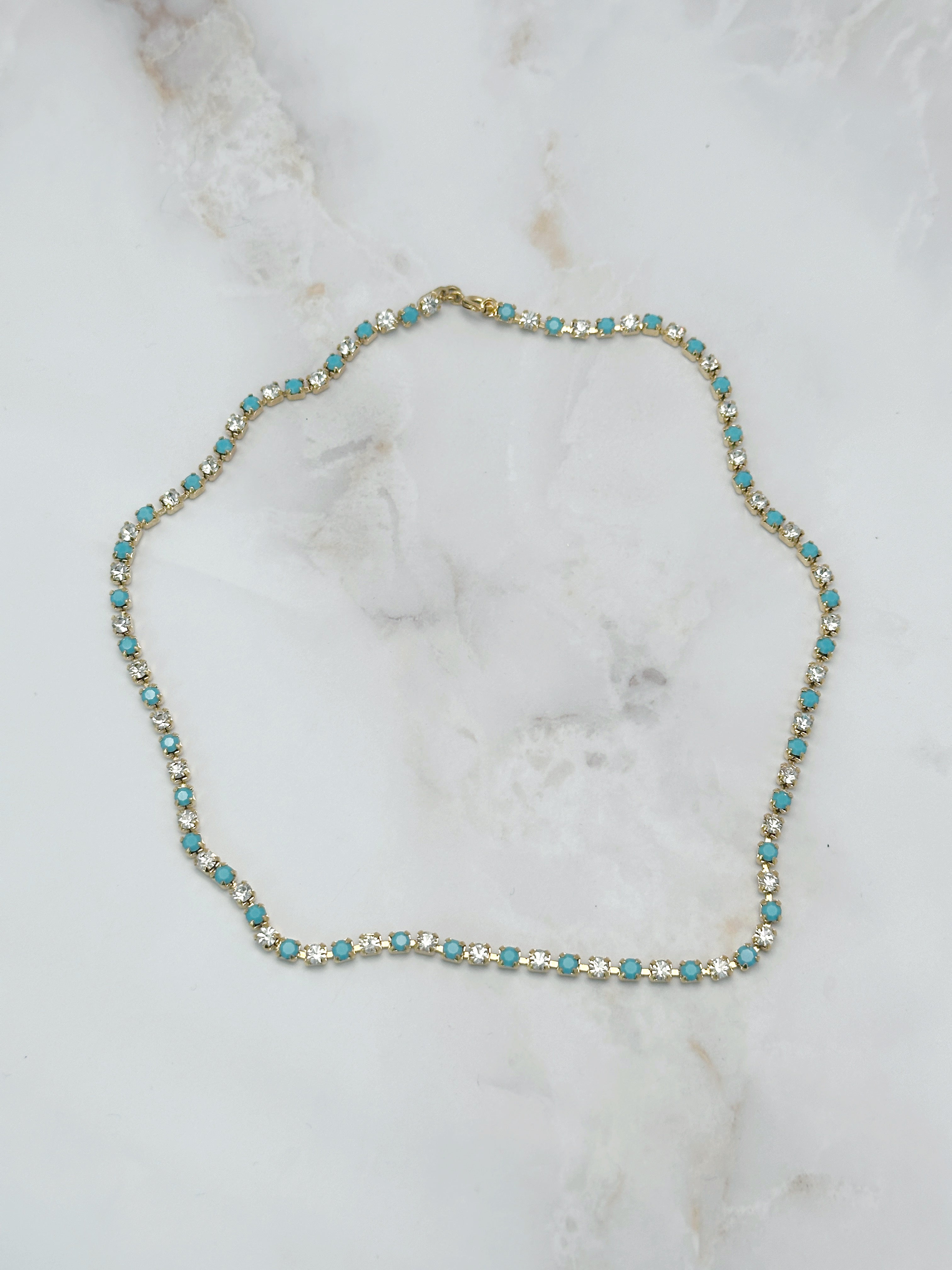 Vergoldete Vintage Riviere Halskette mit Türkis und Strass