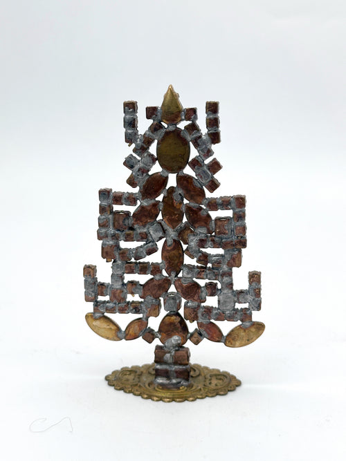 Abstrakter Gablonzer Weihnachtsbaum mit Glassteinen in Rosé, Rot und Grün