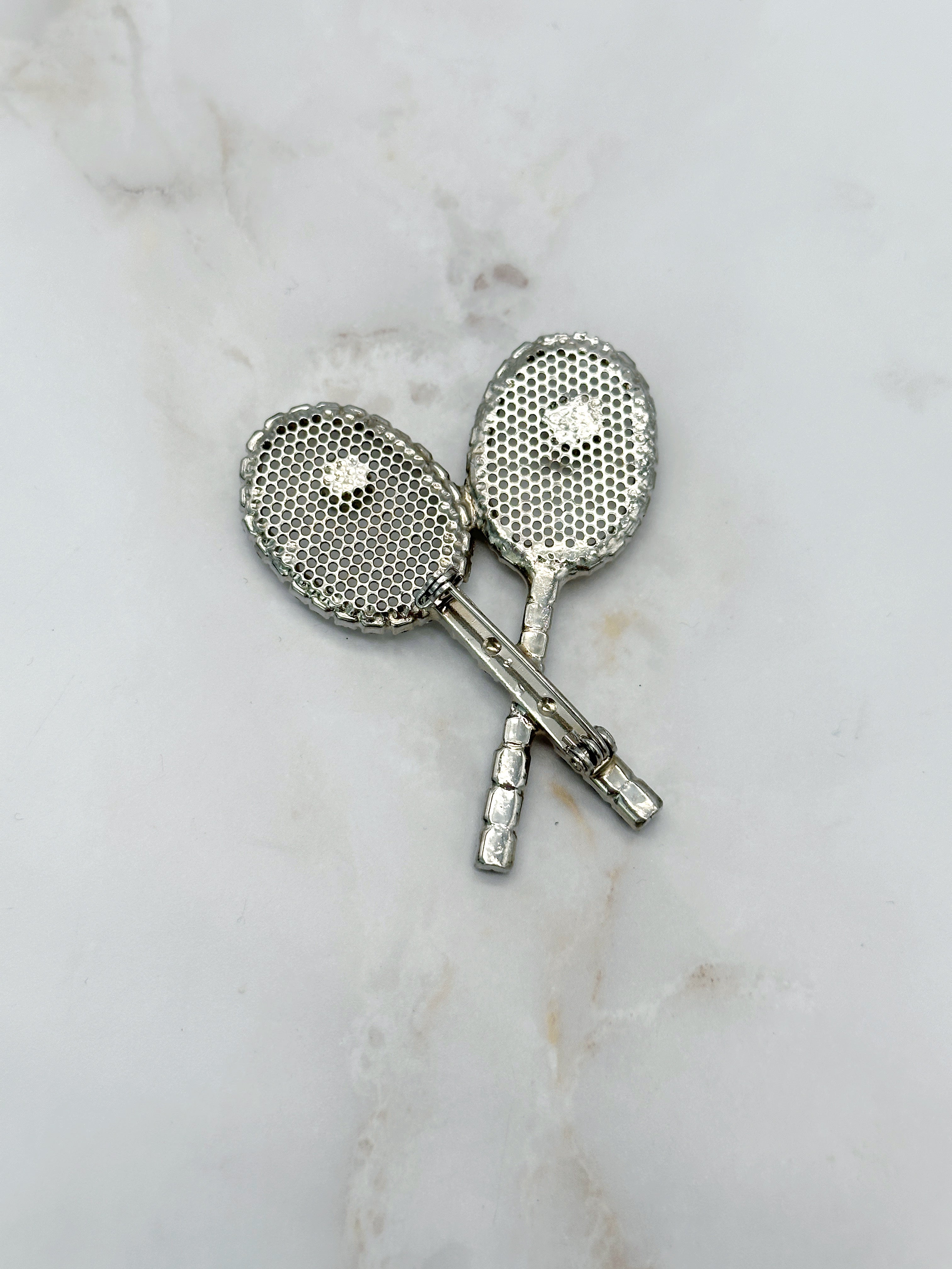 Brosche Tennisschläger Strass & Schwarzes Glas
