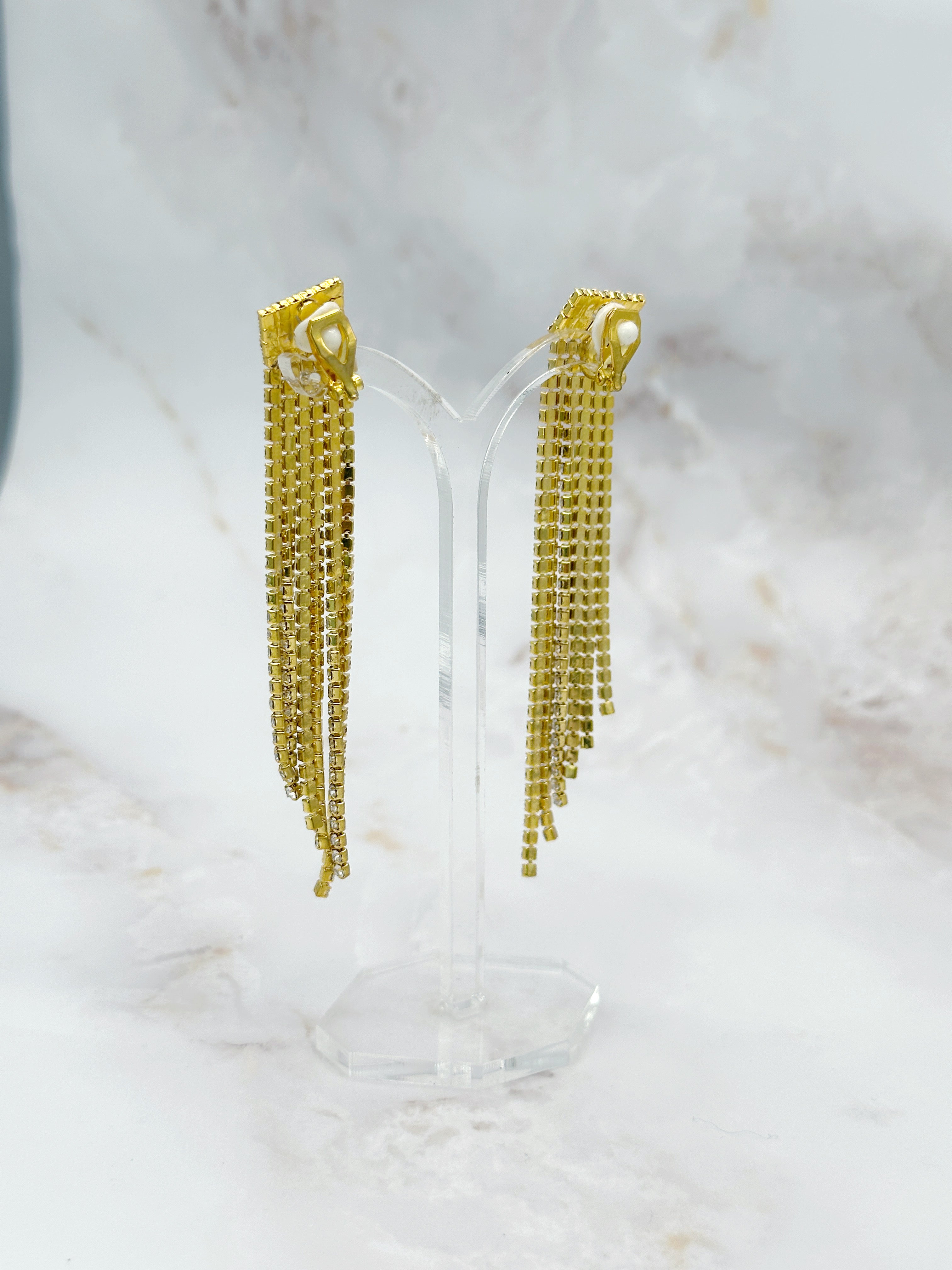 Lange Vintage Wasserfall Ohrclips, vergoldet mit Strass, 80er Jahre