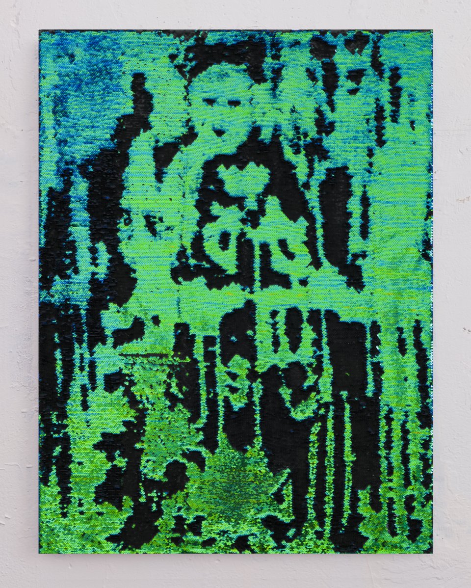 Amelie Goetzl, aus der 4-teiligen Serie: WO DIE NEUROSEN WUCHERN, 2024 Nr. III, Wendepailletten- stoff bearbeitet auf Keilrahmen, 120 cm x 90 cm