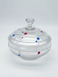 Vintage Deckeldose / Bonboniere aus Glas mit blau-roten Punkten um 1950