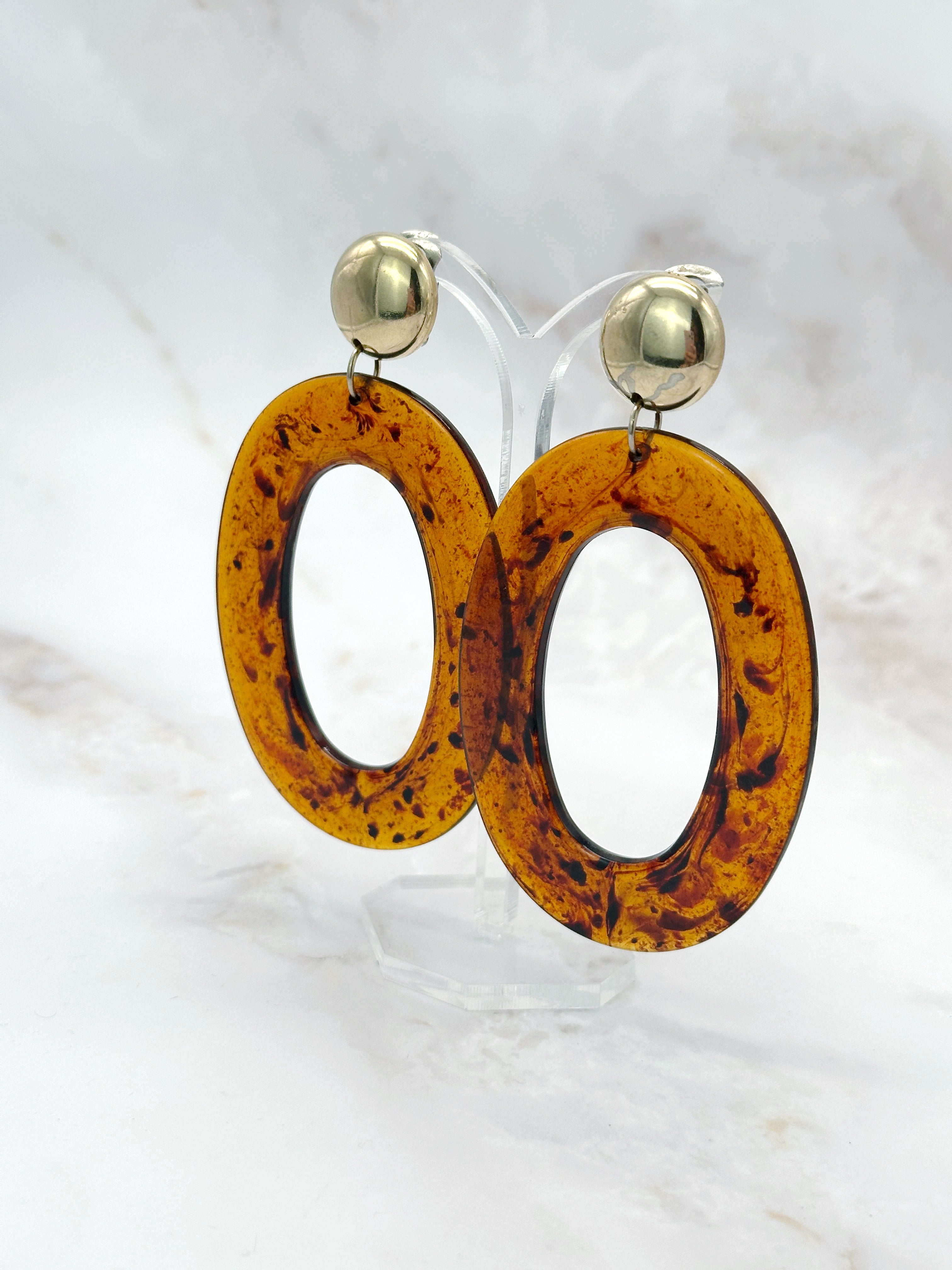 Lange Vintage Ohrgehänge Braunes Lucite Vergoldet