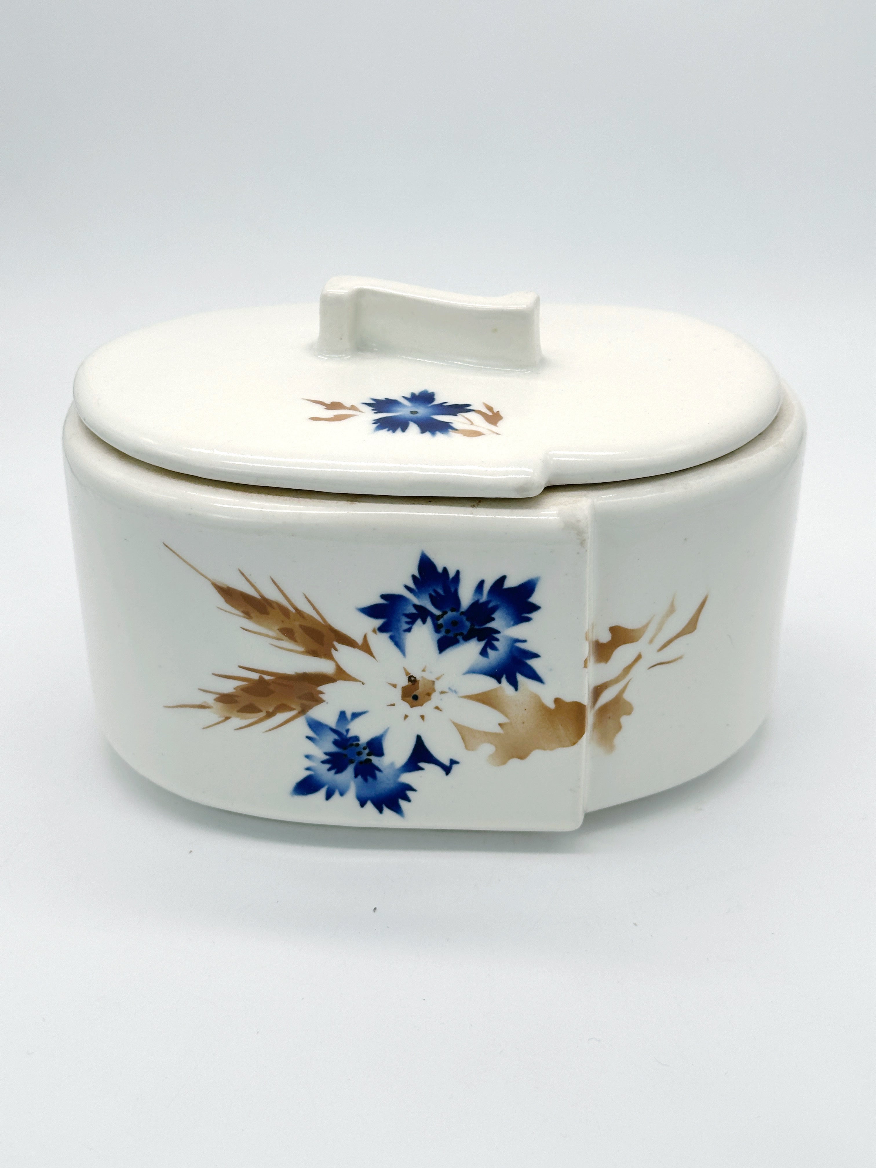 Art Déco Deckeldose mit Spritzdekor in Blau und Braun um 1930
