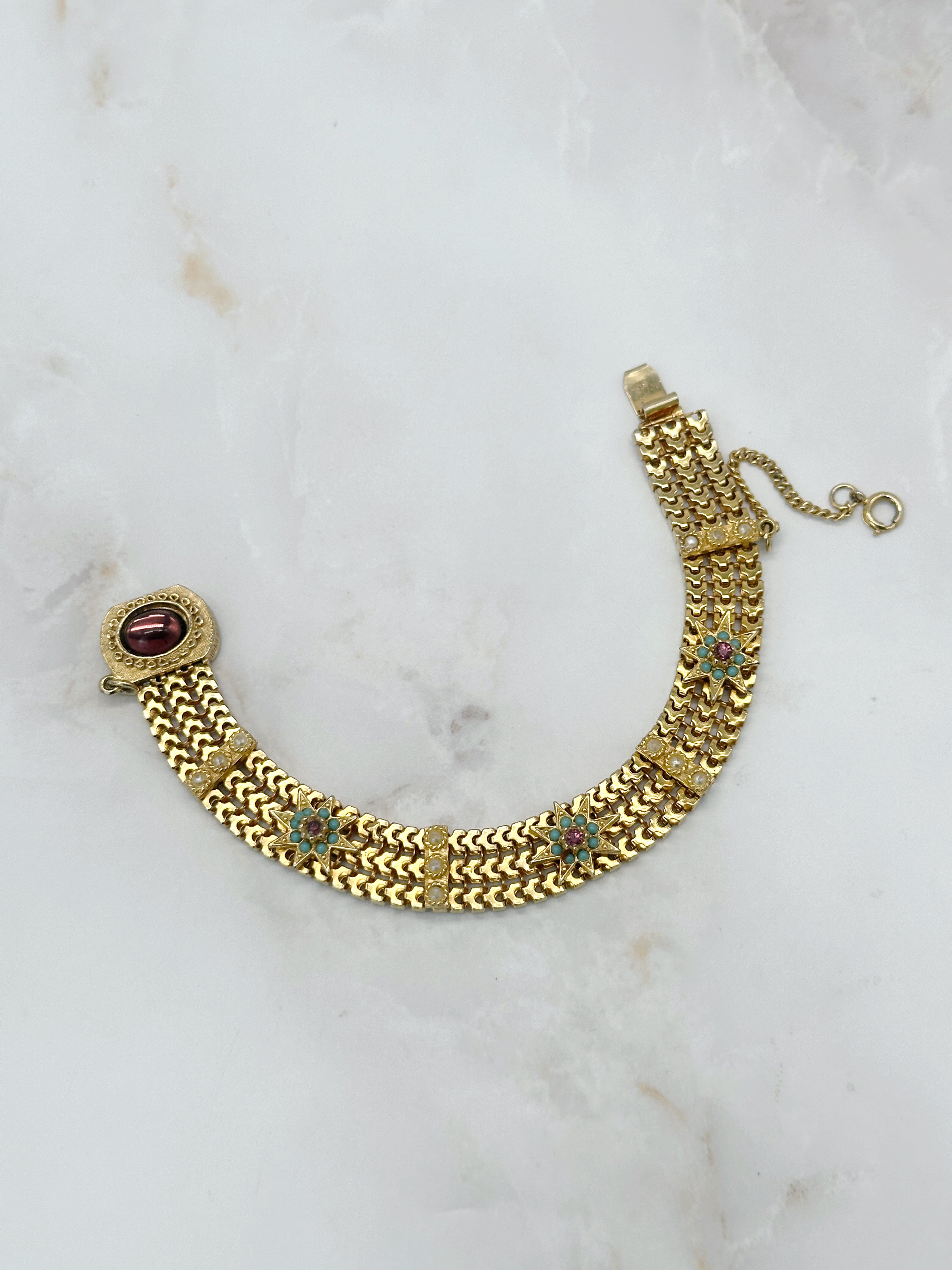Vintage Armband mit türkisen Glassteinen und Imitationsperlen