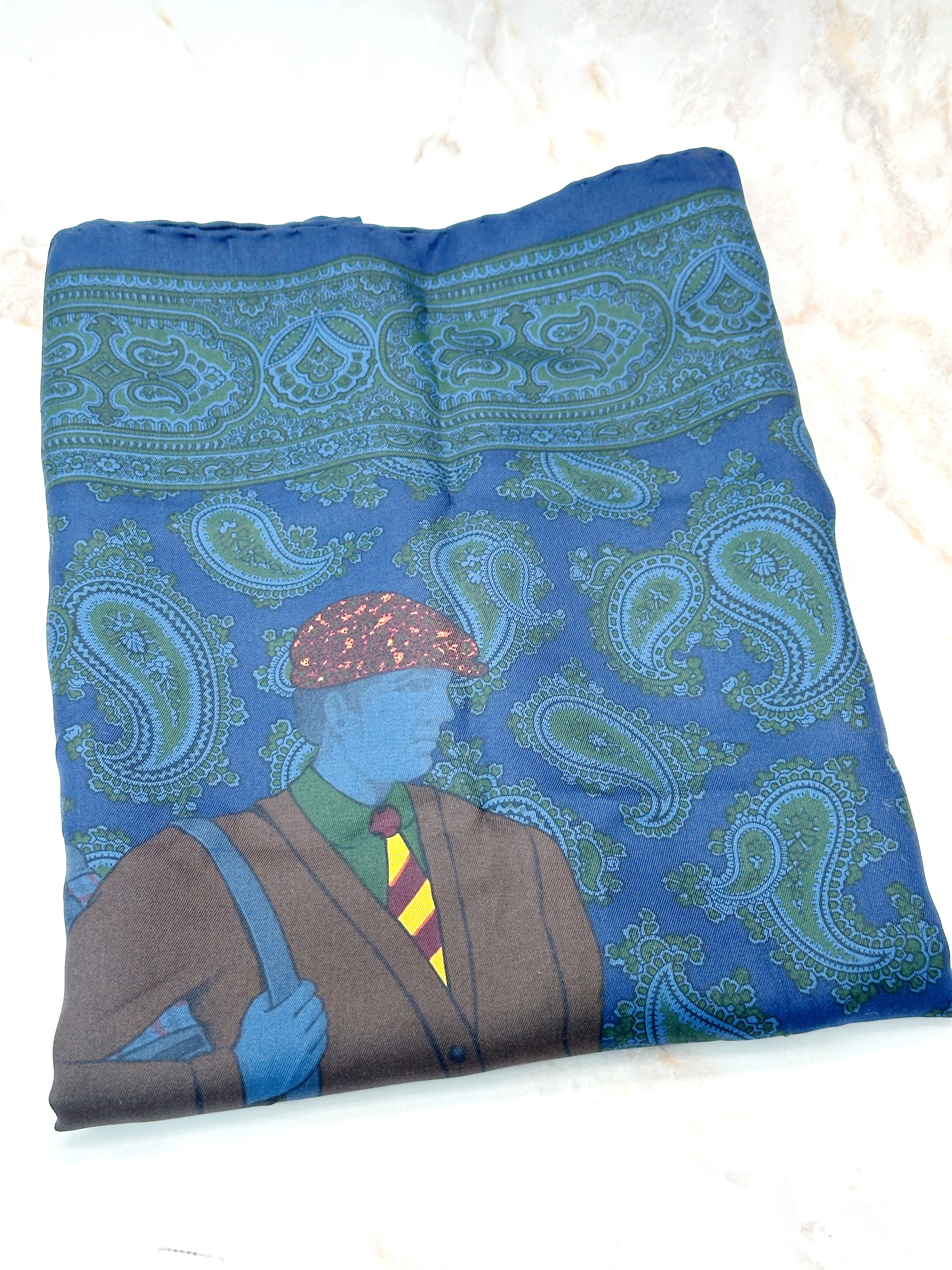 Vintage Ascot Seidentuch mit Golf-Motiv in Blau und Grün
