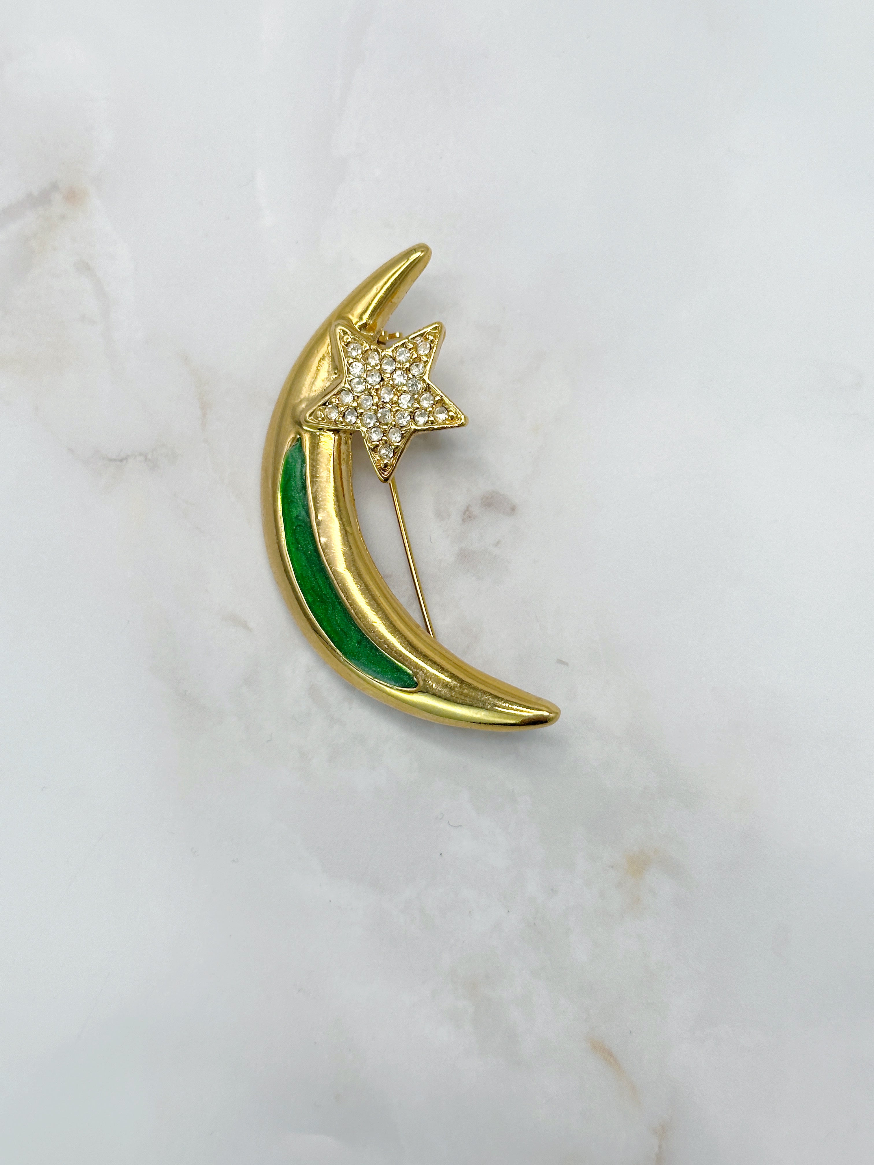 Vintage Brosche Mondsichel mit Strass-Stern und Emaille in Rot oder Grün