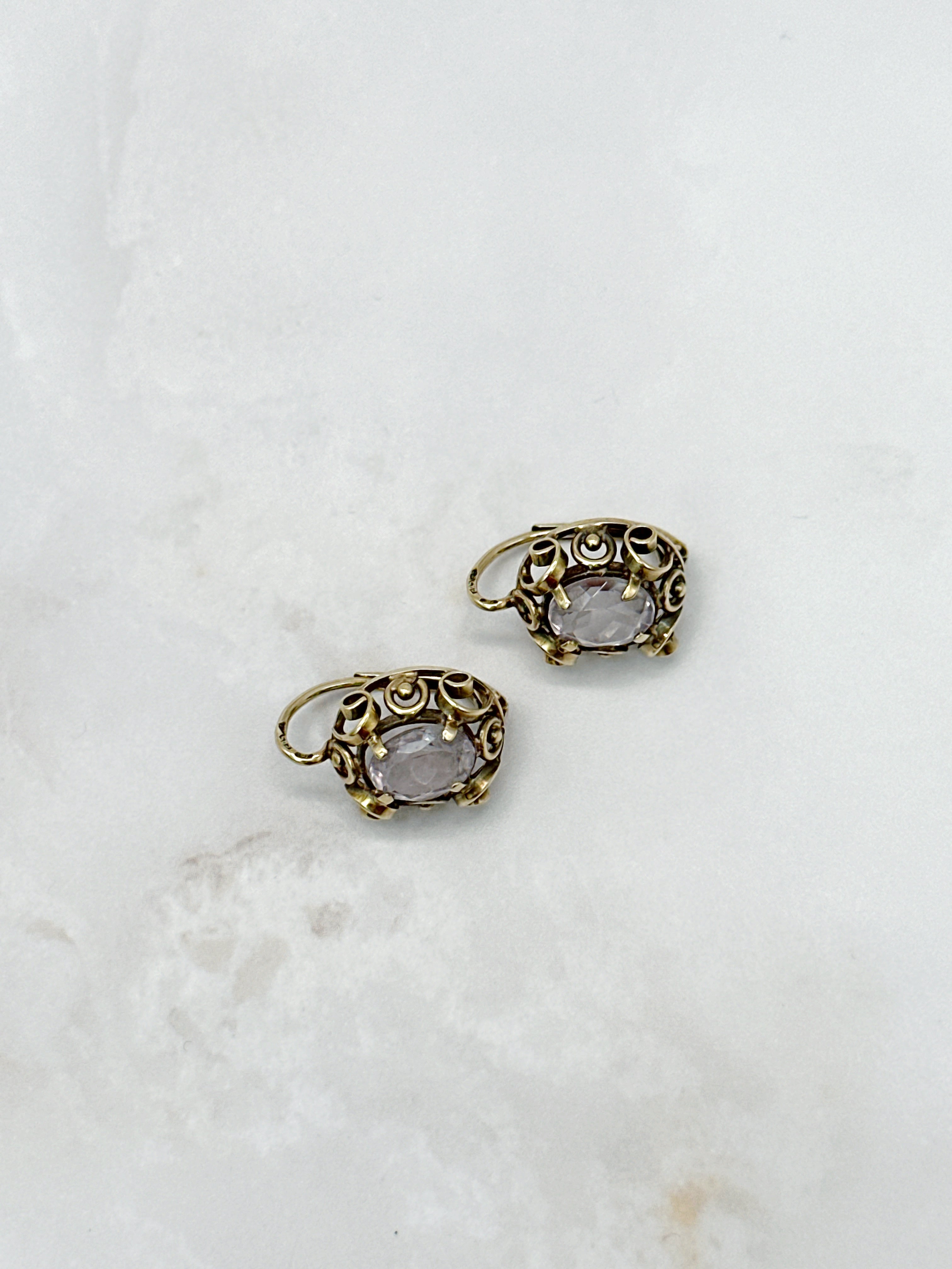Verspielte Vintage Ohrhänger Gold Amethyst 50er Jahre