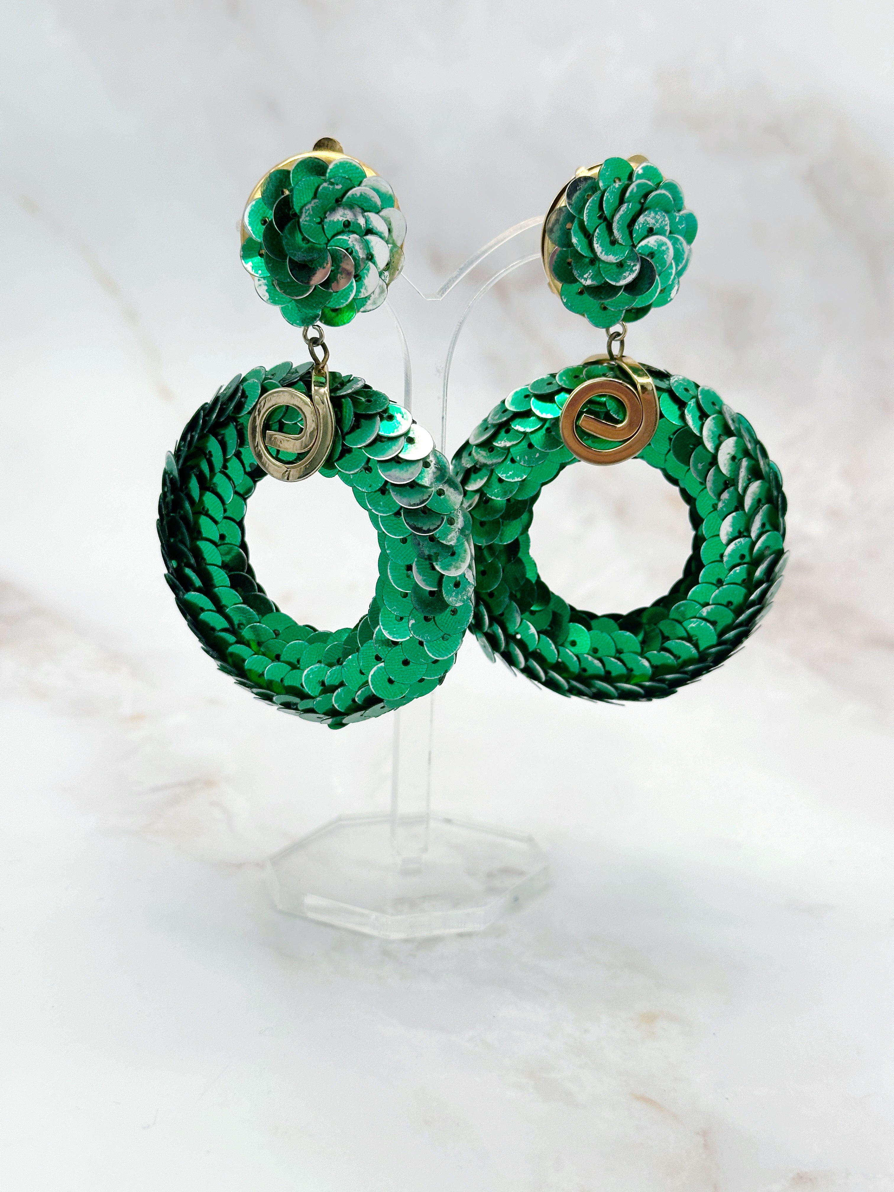 Vintage Statement Ohrclips Grüne Pailletten