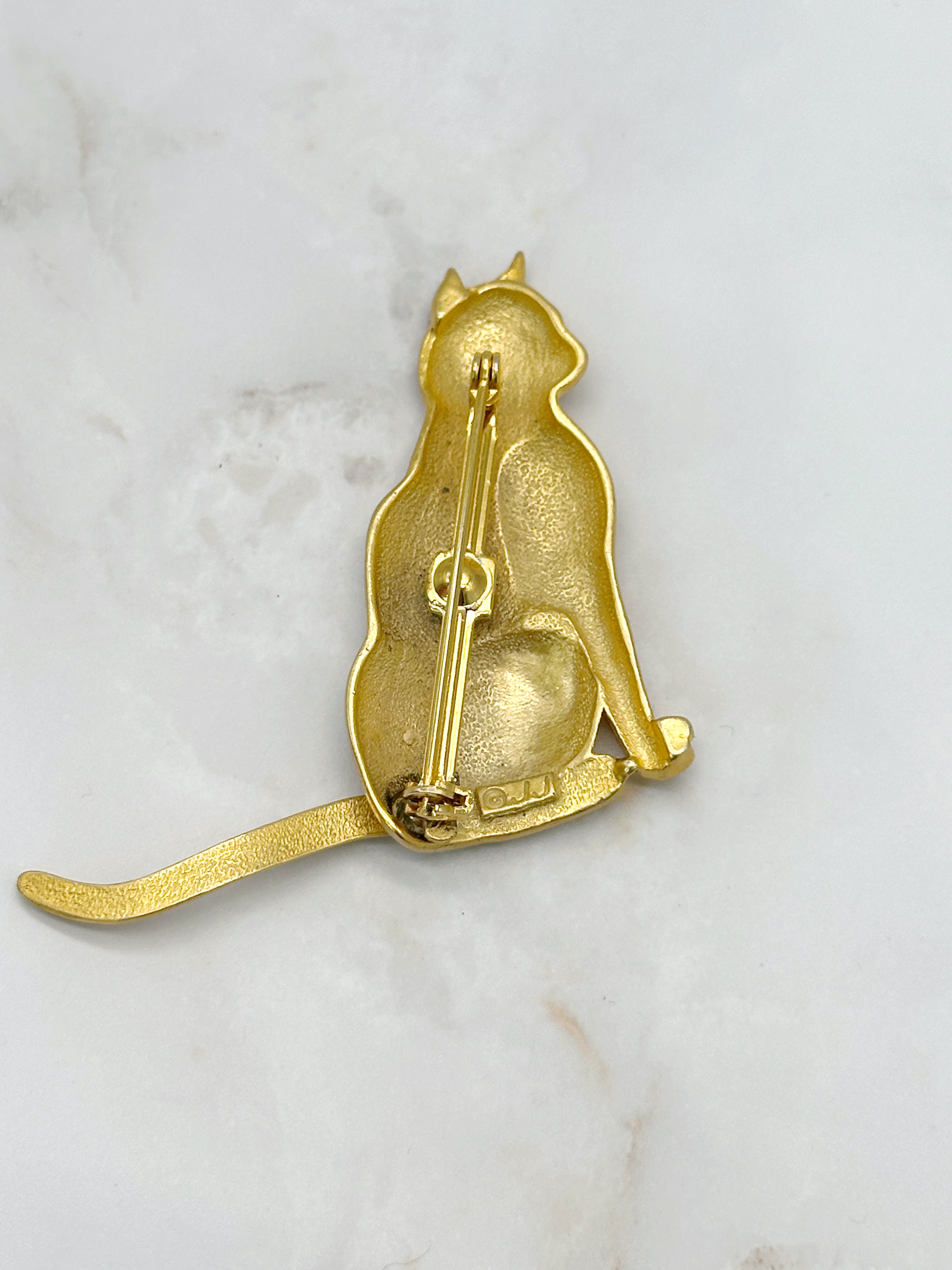Vintage Katzen-Brosche von JJ Jonette mit beweglichem Schwanz, vergoldet