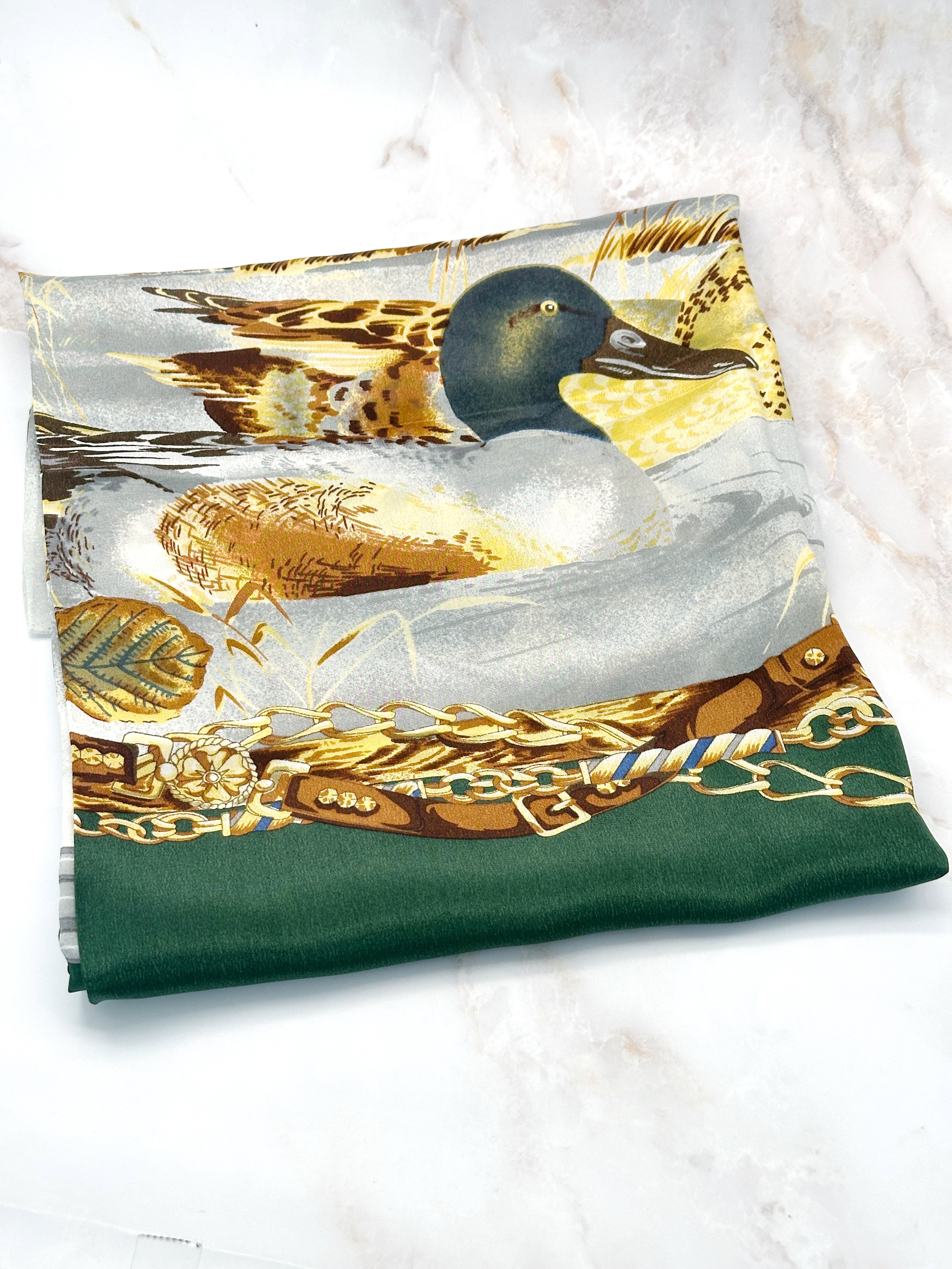 Vintage silk scarf duck motif green &amp; gold