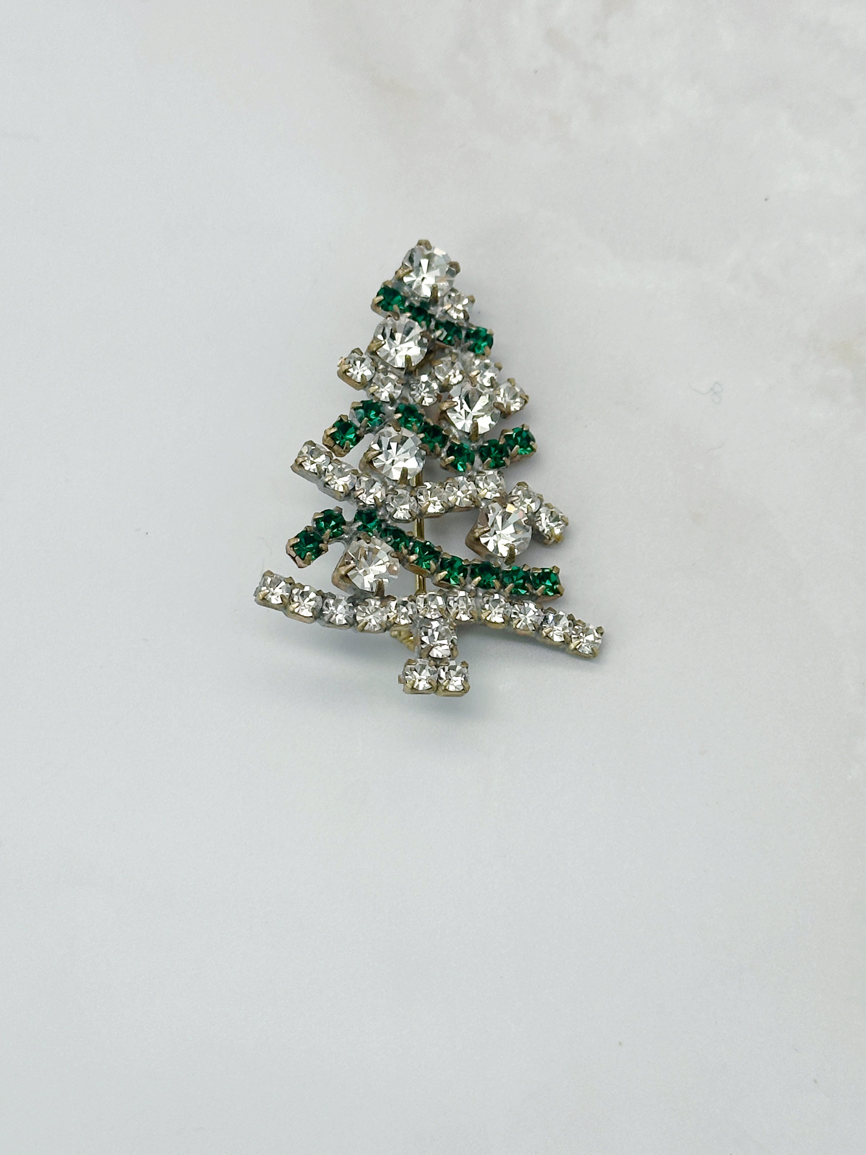 Festliche Gablonzer Brosche Christbaum Grün & Kristall