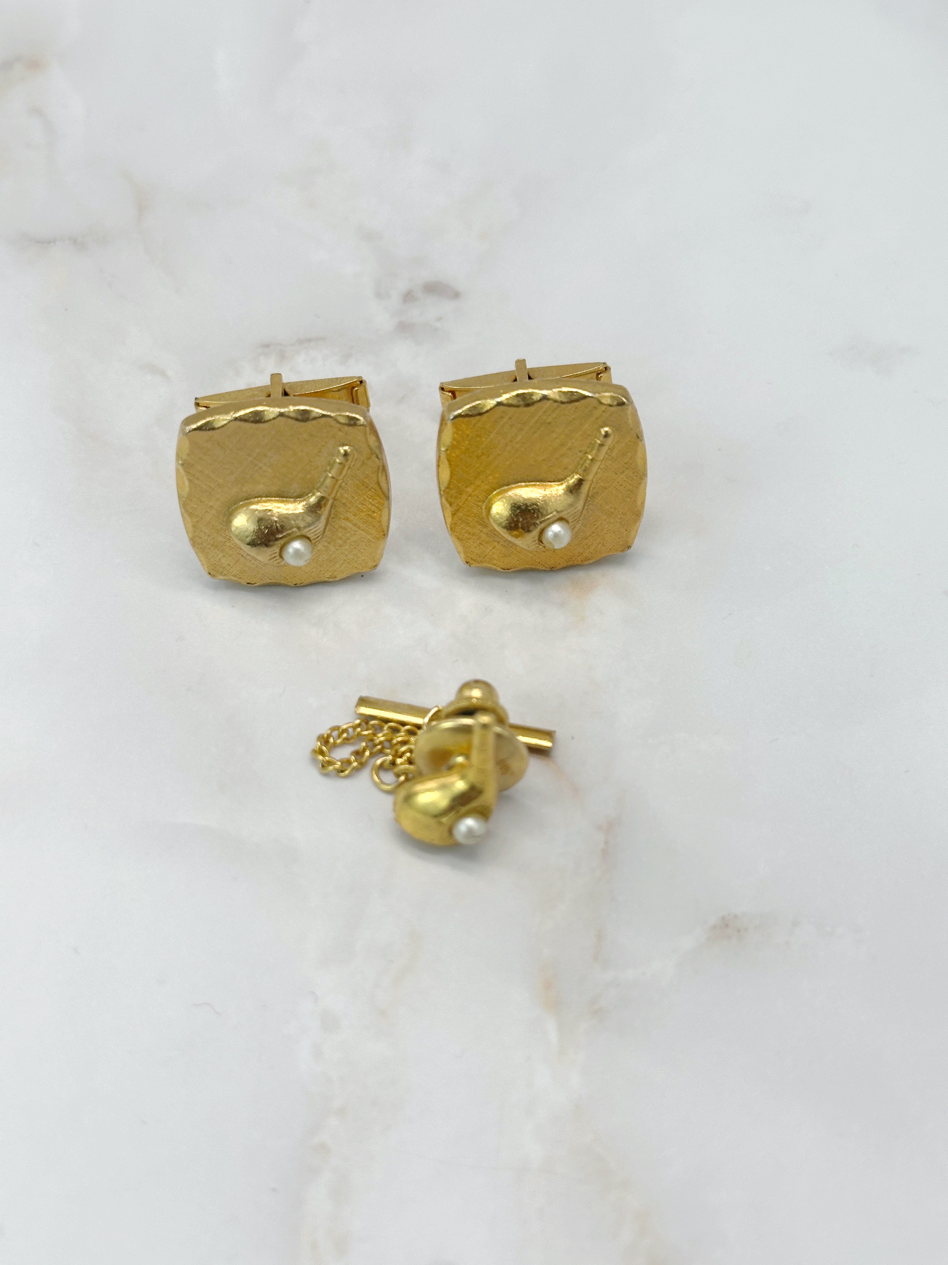 Vergoldetes Vintage Golf-Set mit Manschettenknöpfen und Pin