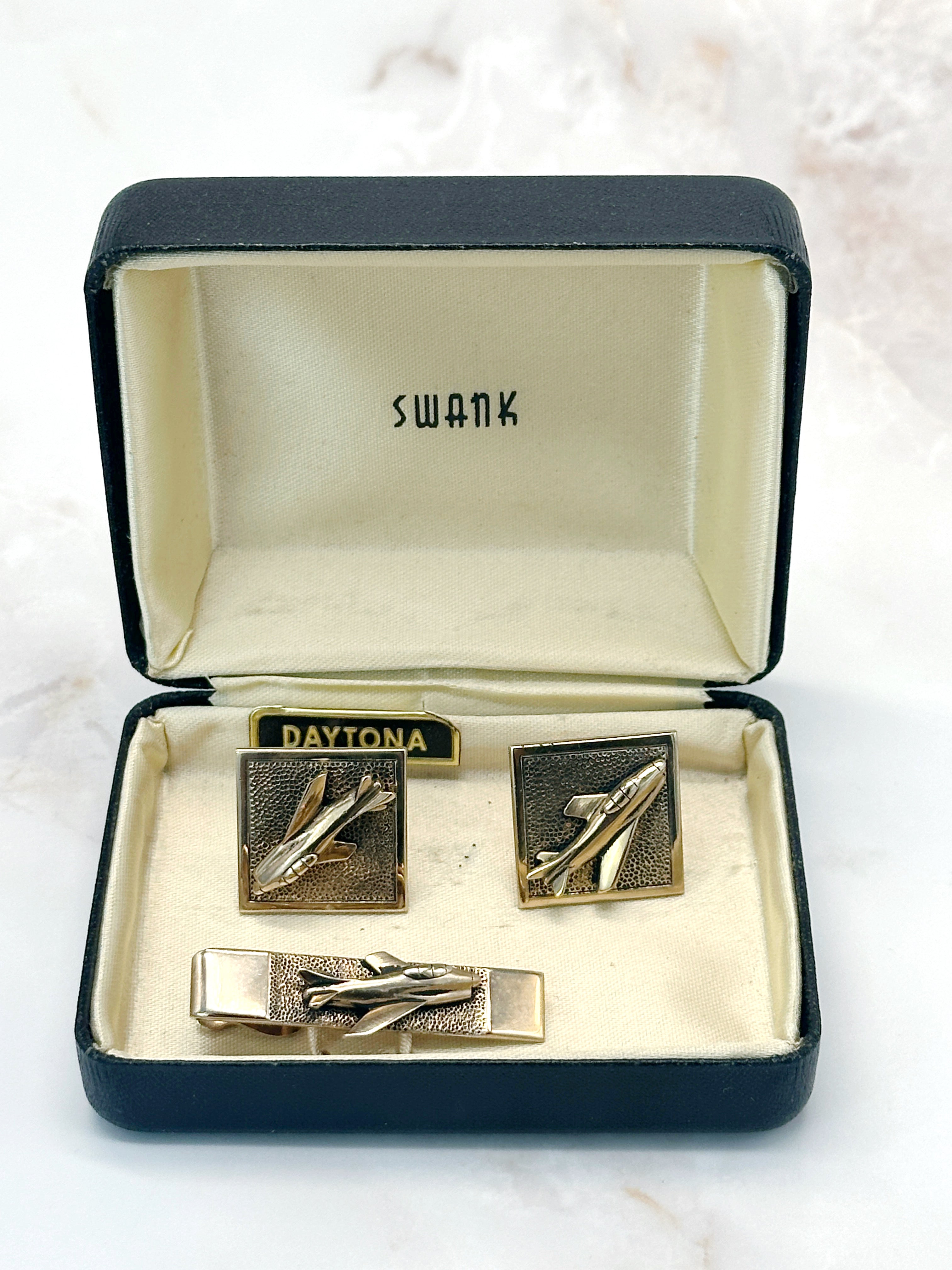 Vintage Manschettenknopf Set Daytona Flugzeug von Swank