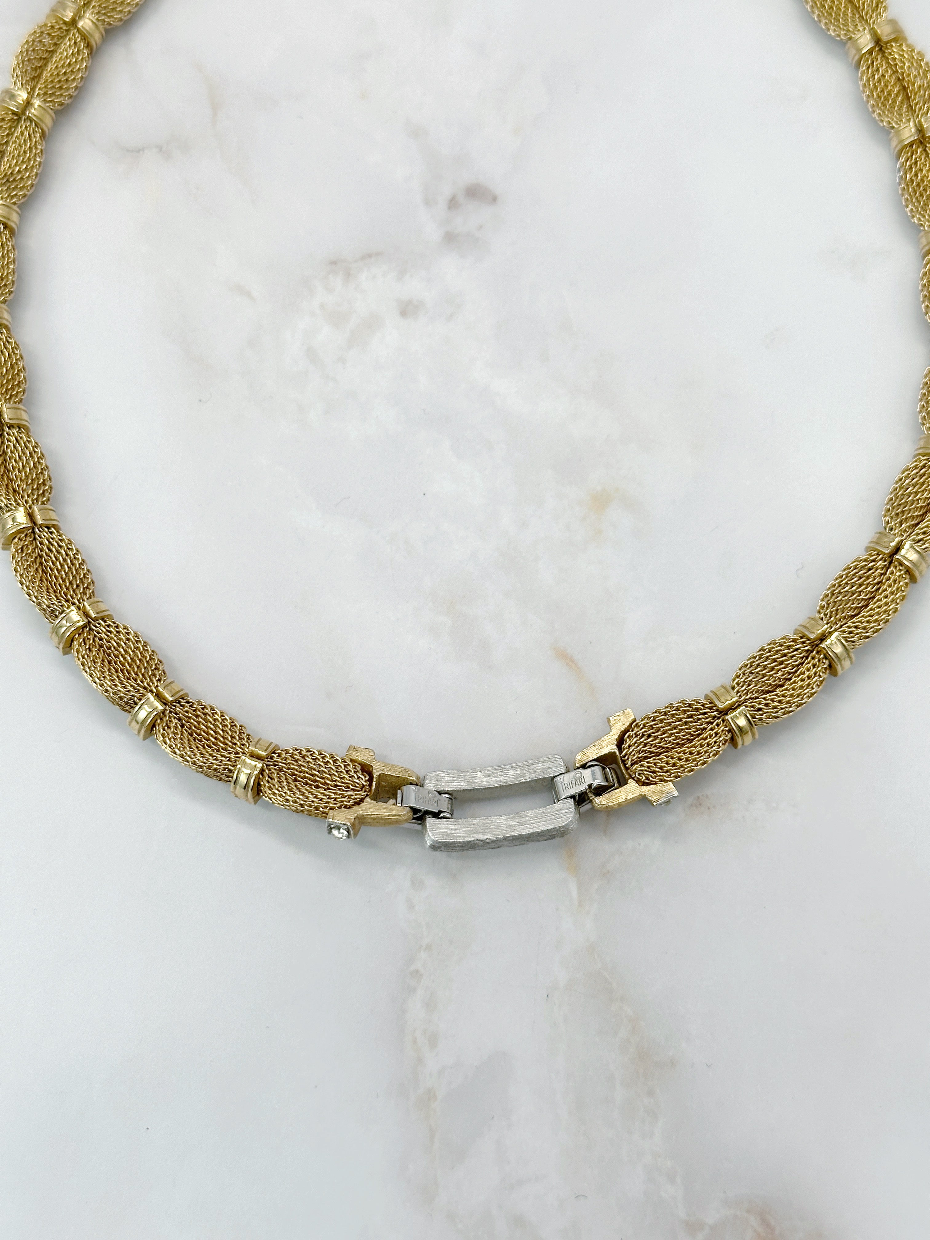 Edle Crown Trifari Mesh-Halskette vergoldet mit Strass