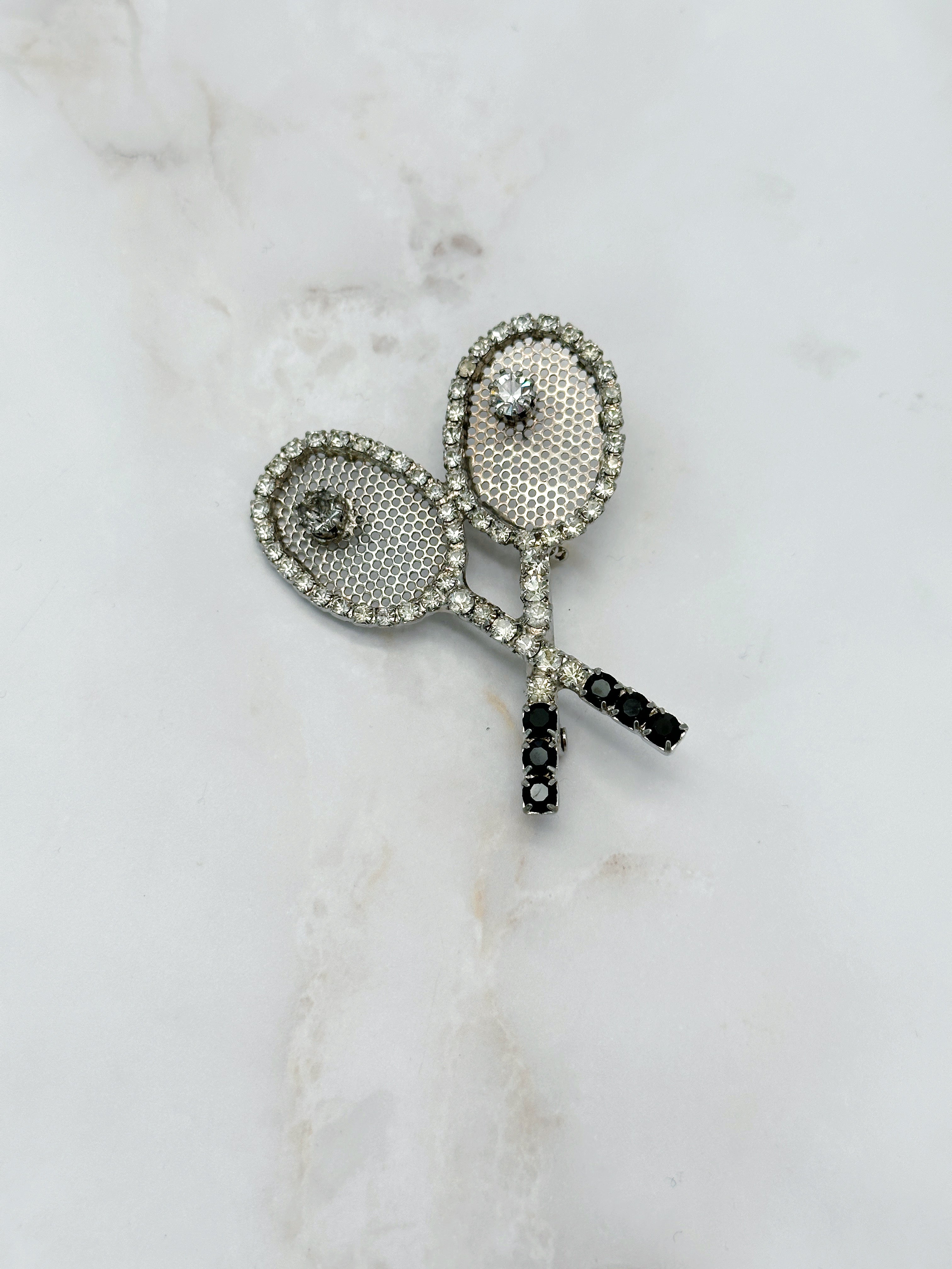 Brosche Tennisschläger Strass & Schwarzes Glas