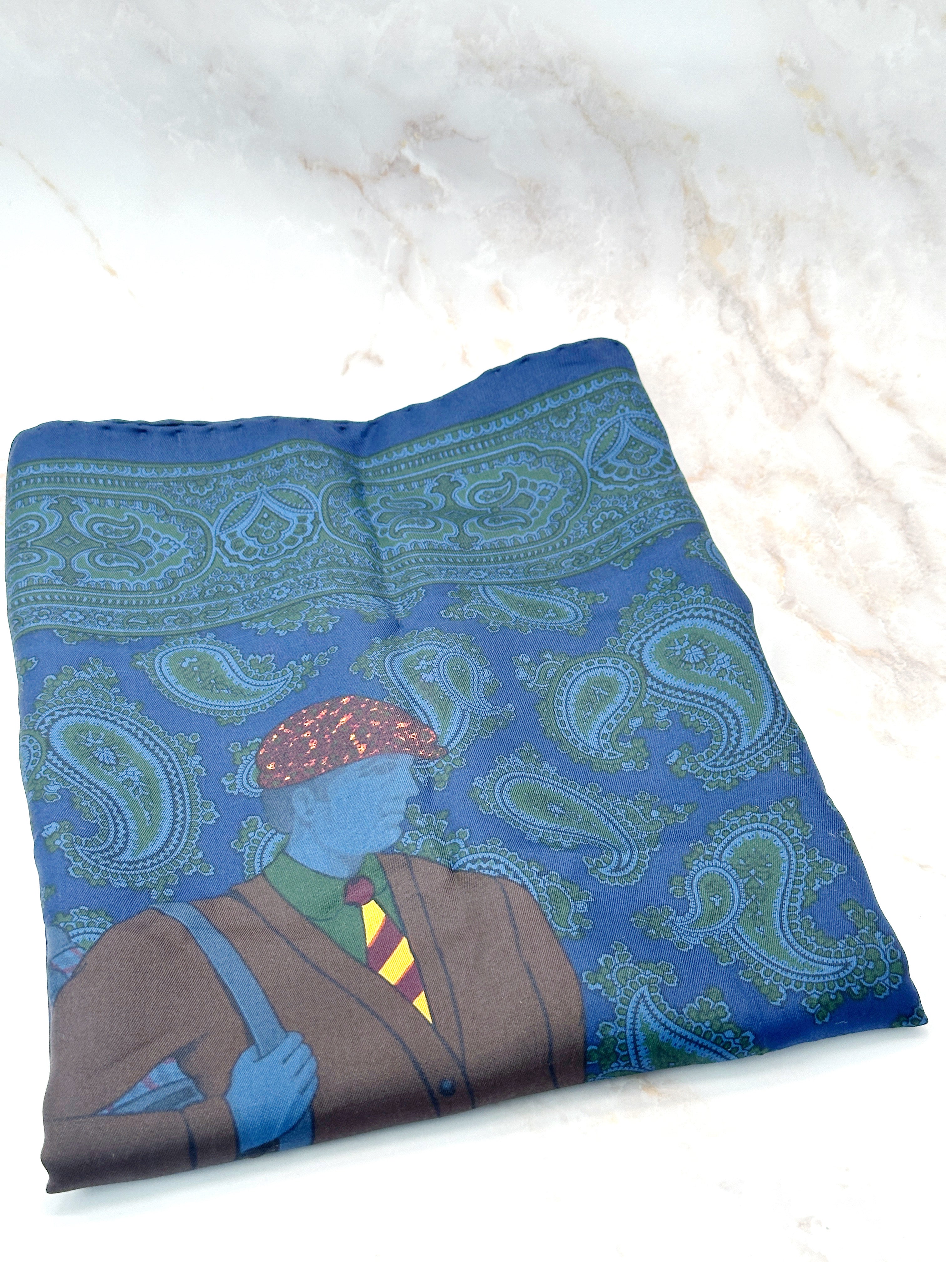 Vintage Ascot Seidentuch mit Golf-Motiv in Blau und Grün