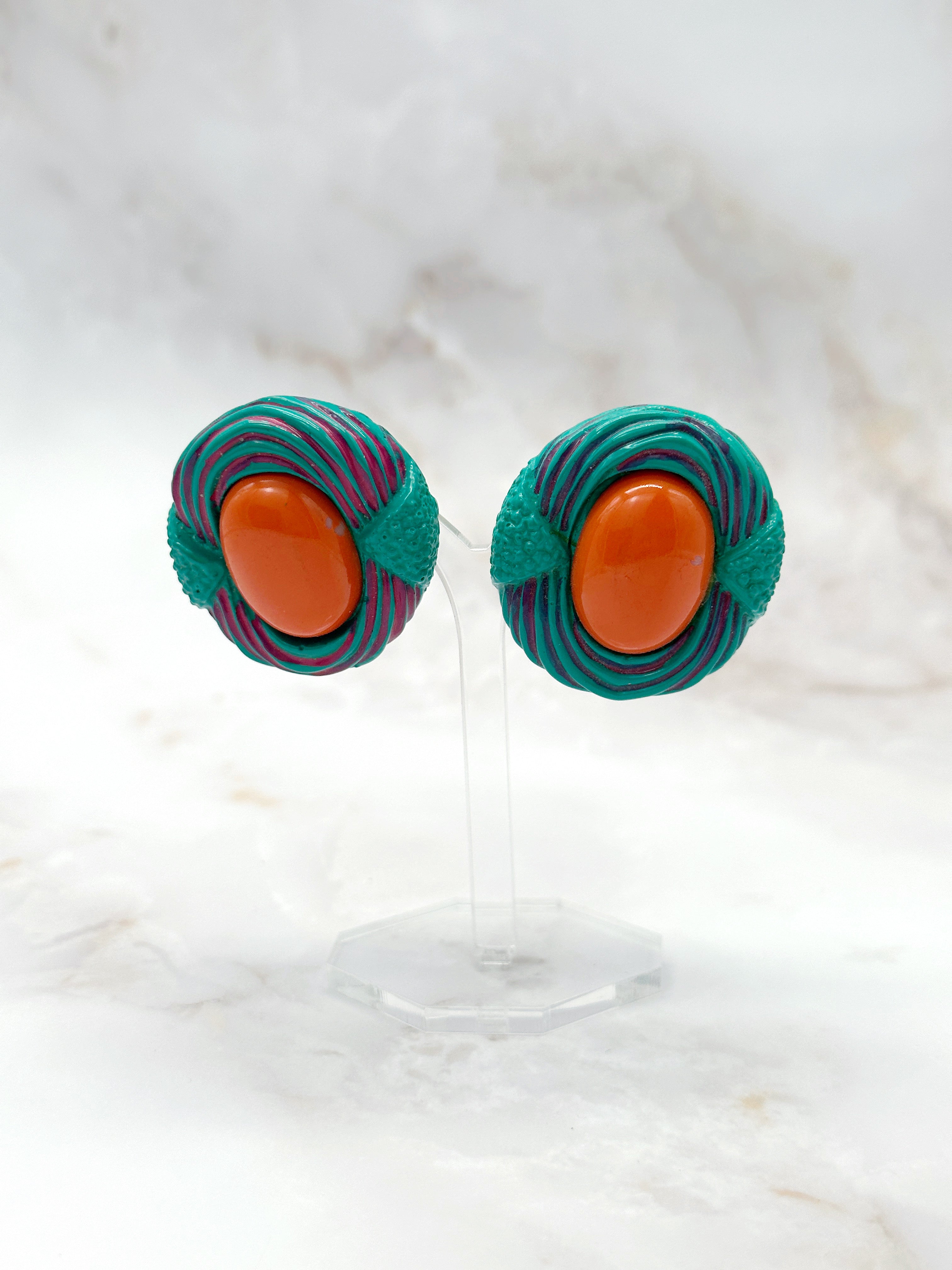 Vintage Ohrclips aus den 1980ern in Orange & Türkis