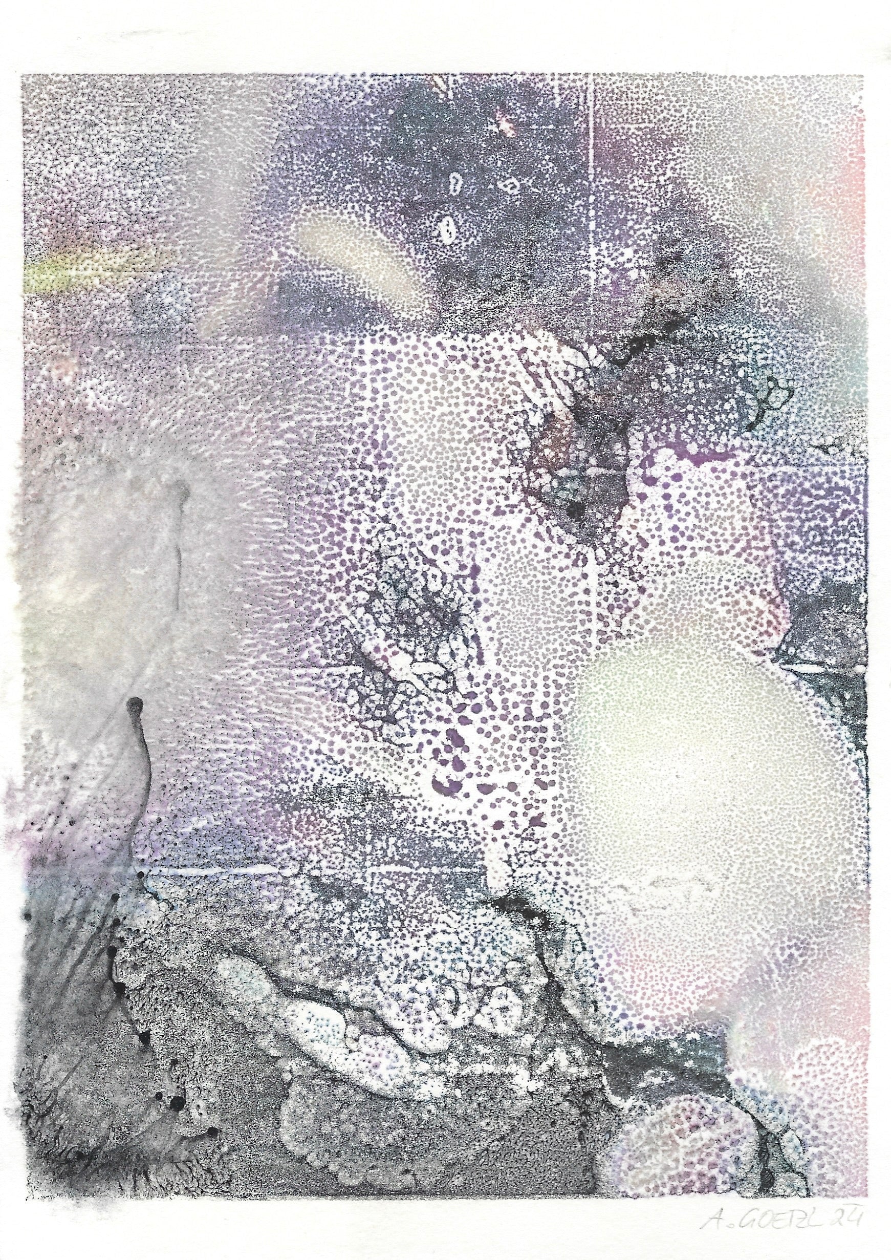Amelie Goetzl, aus der Serie: ILLUSIONAL, 2024, Monotypien auf Papier, 21 x 15 cm, gerahmt
